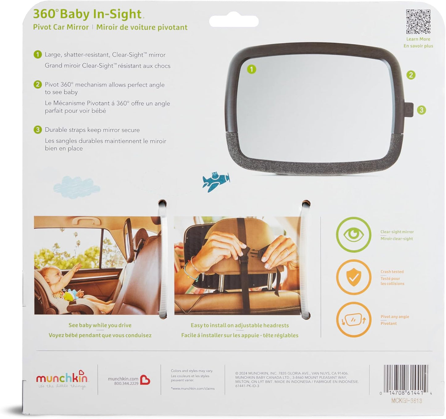 Munchkin Baby Car Mirror for Rear Facing Car Seats, Pivot 360 Baby in-Sight Adjustable Auto Mirror, Black