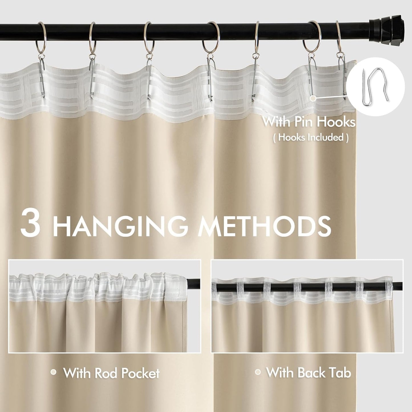 MIULEE Back Tab Cream Beige Curtains 94 Inch Long 2 Panels Set for Living Room Bedroom, Ivory Rod Pocket/Pinch Pleated Light Blocking Thermal Insulated Room Darkening Floor to Ceiling Blackout Drapes