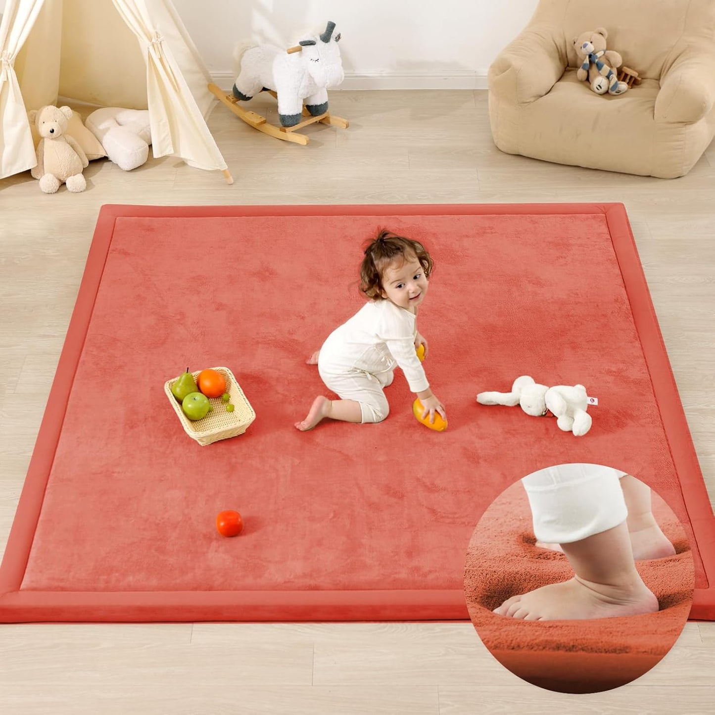 Ultra Soft Baby Play Mat,71"×79" Extra Large Activity Tummy Time Mat for Toddlers,Infants,Kids,1.3" Thick Elasti-Foam Nursery Rug for Floor,Non-Slip Safe for Crawling,Water-Repellent(Brick)