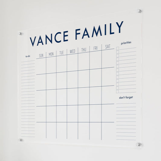 Personalized Clear Acrylic Calendar for Wall, Calendar Whiteboard for Wall, Dry Erase Wall Calendar, Wall Calendar Organizer System for Home (Block, Navy, 47.5"W x 36"H)