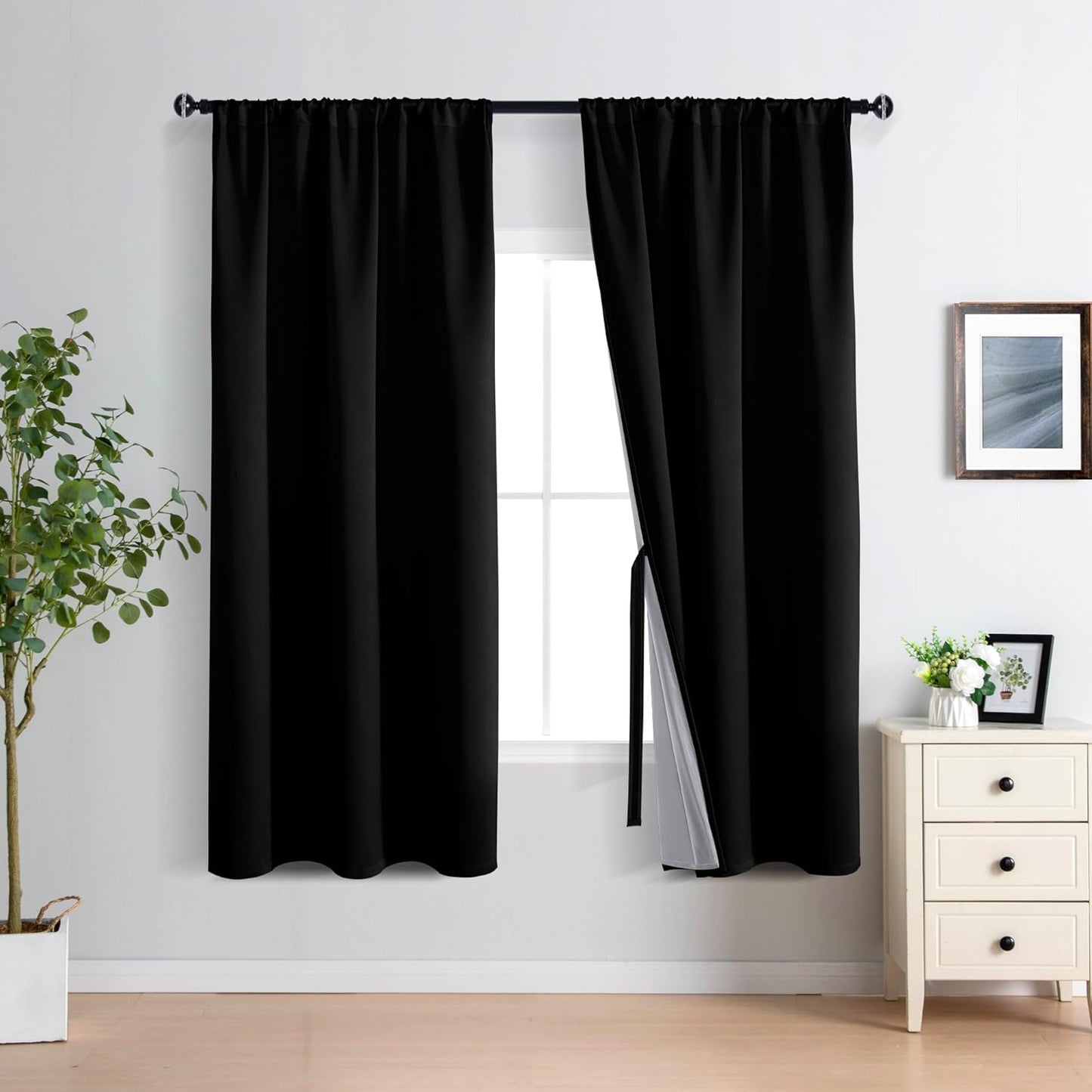 XWZO 100% Blackout Window Curtains - Thermal Insulated & Noise Reduction Black Liner Rod Pocket Window Treatment Sewn with Tiebacks for Bedroom/Living Room, Black, W42 x L63, Set of 2