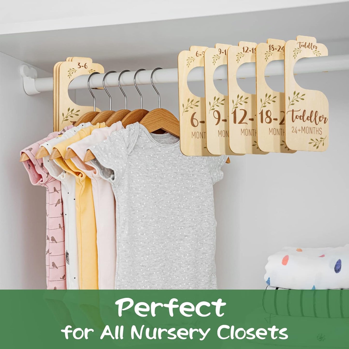 Baby Closet Dividers for Clothes Organizer - Set of 8 Beautiful Wooden Double-Sided Baby Clothes Size Hanger Organizer from Newborn to 24 Months for Boho Nursery Decor