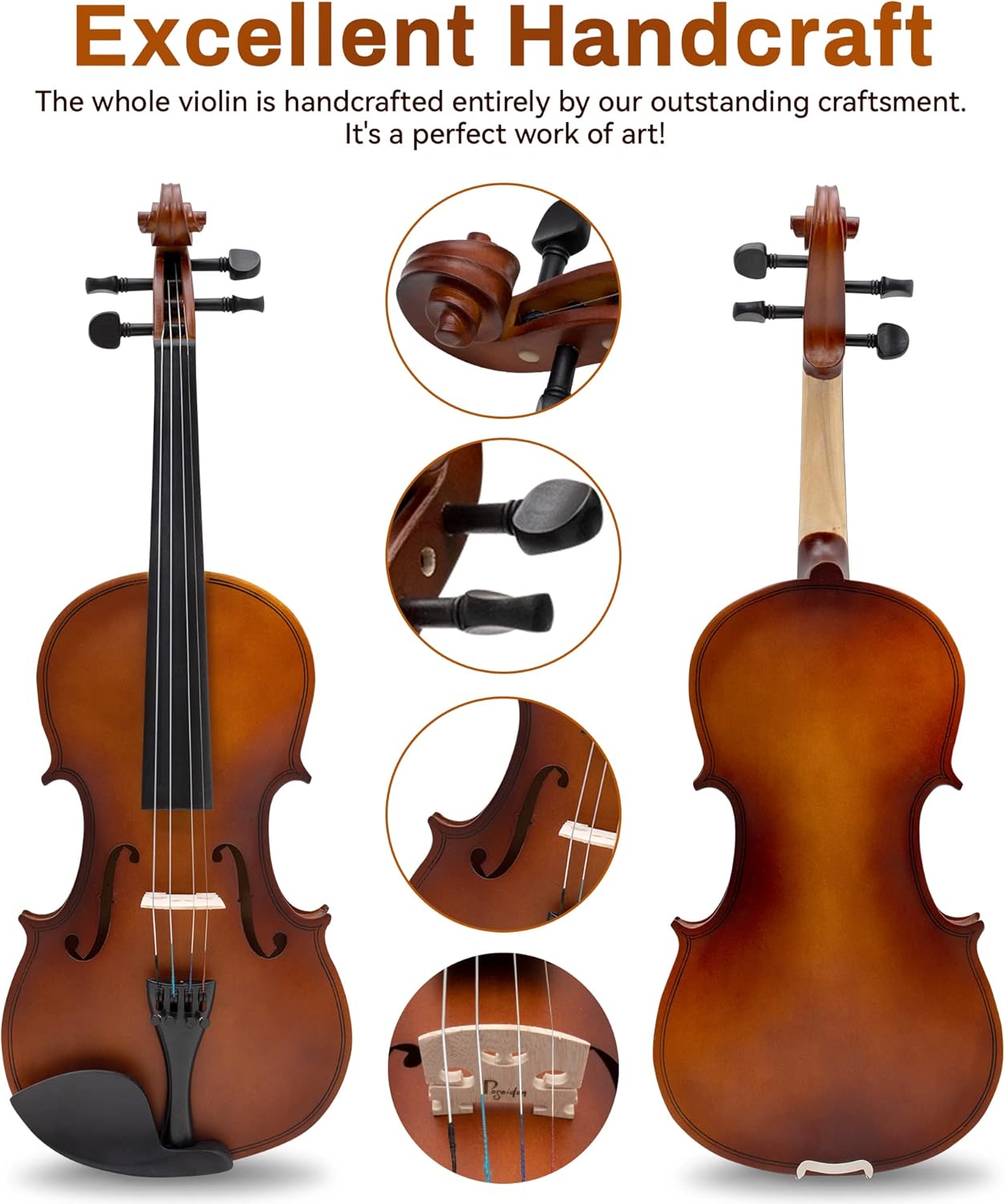 Poseidon Stringed Musical Instruments - Premium Handcraft Violin for Kids Adults 4/4 Violin w/Case, Violin Bow, Horse Bridge, Extra Strings, Shoulder Rest, Rosin, Clip-on Tuners - Natural Matte
