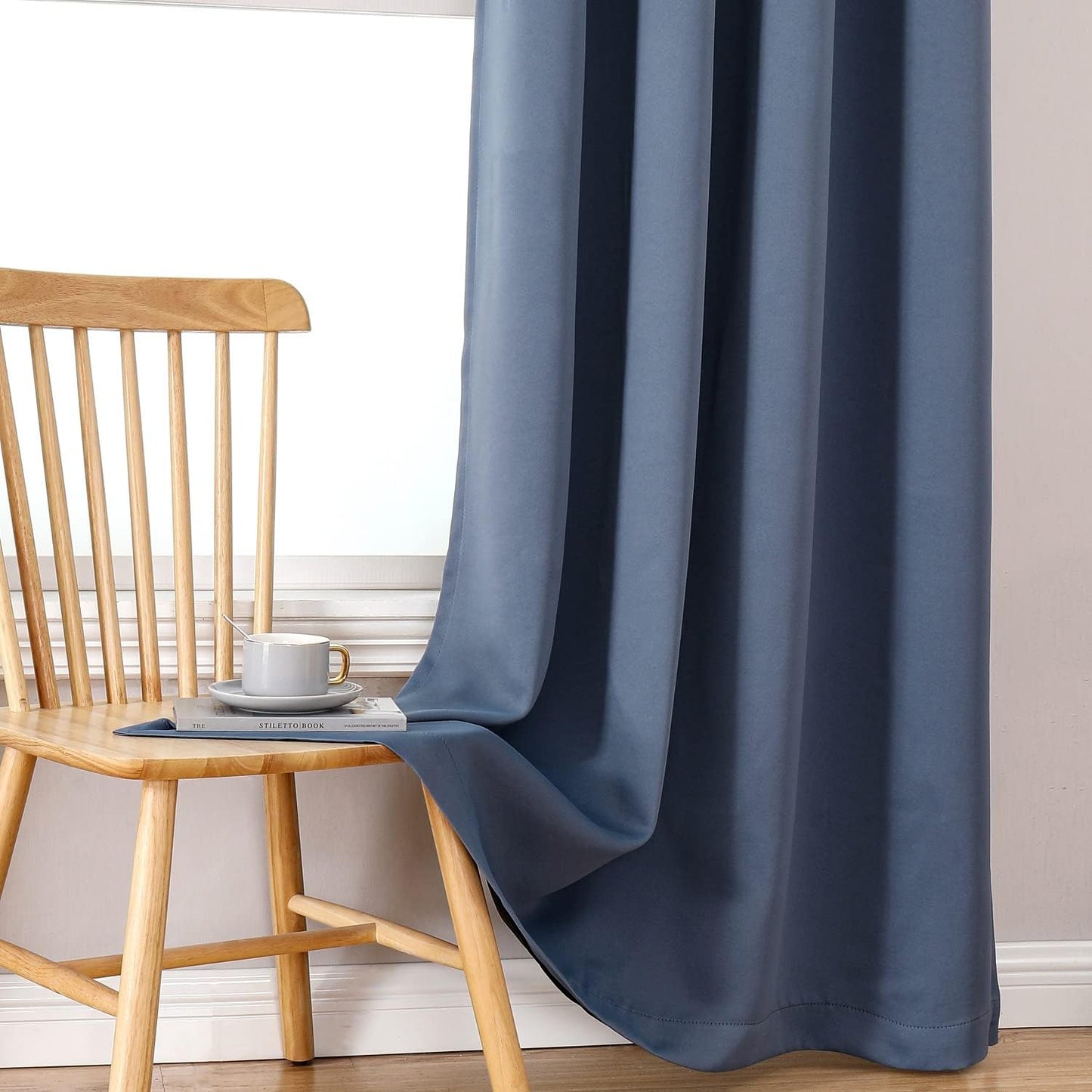 ChrisDowa 100% Blackout Curtains for Bedroom with Black Liner, 2 Thick Layers Total Blackout Thermal Insulated Grommet Window Curtains 2 Panels Set (Stone Blue, 42 x 63 Inch)