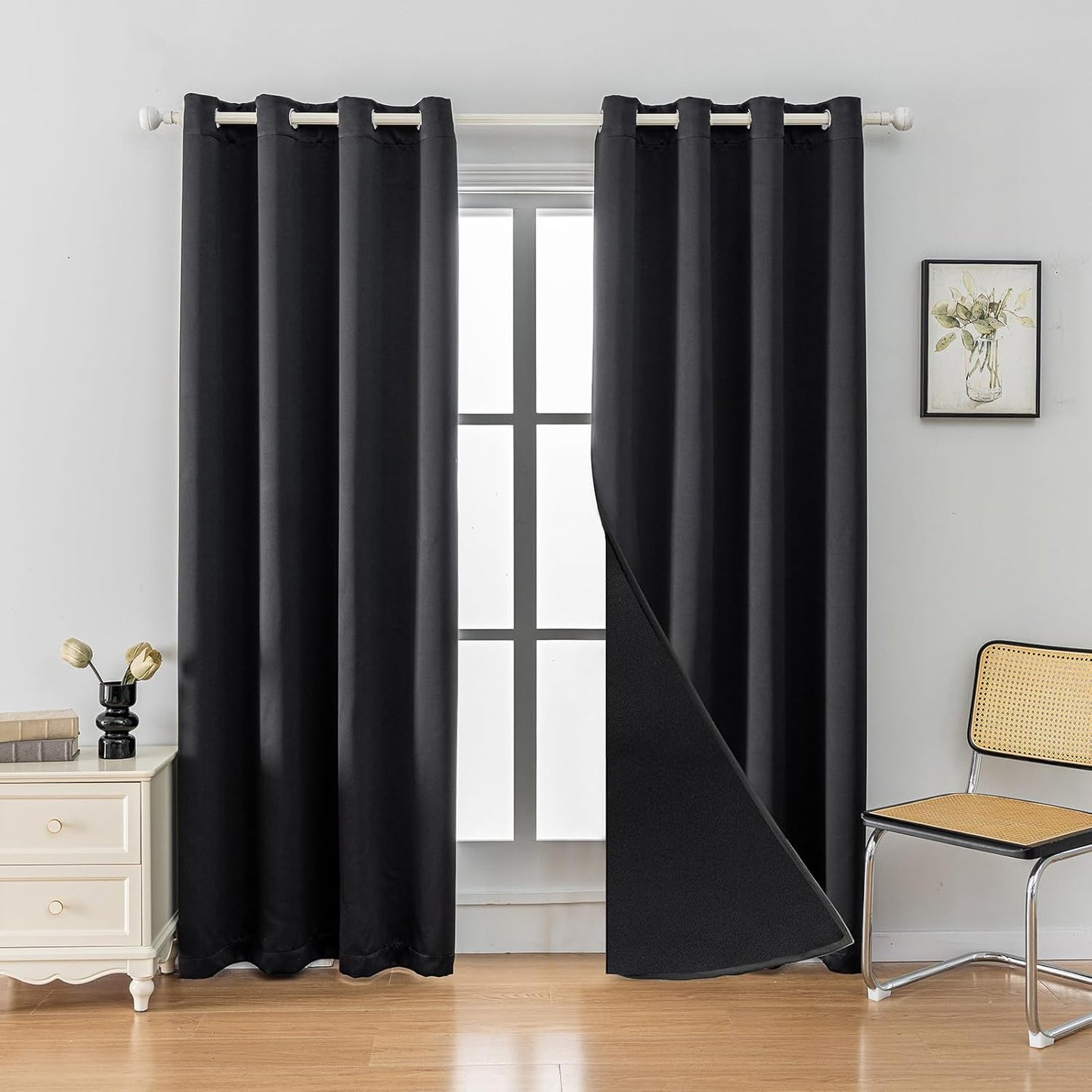 Anytime 100% Blackout Curtain Set, Thermal Insulated & Energy Efficiency Window Draperies for Guest Room, Full Shading Panels for Shift Worker and Light Sleepers（Black, 2 Panels, 52W x 72L）