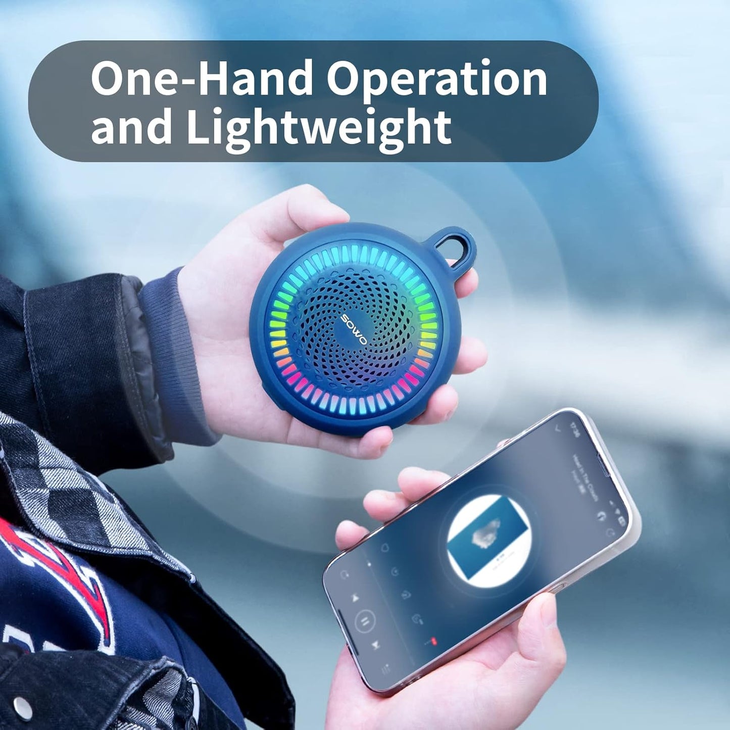 SOWO Shower Bluetooth Speaker Waterproof - Small Portable Wireless Clip Speaker with Louder Volume and Powerful Bass - Colorful Lights and 10H Playtime - Lightweight for Camping,Kayak,Boat - Blue