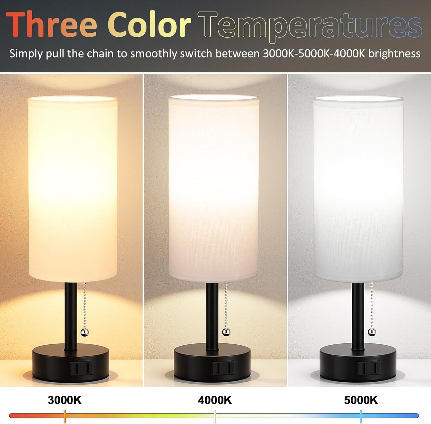 White Bedside Table Lamps Set of 2-3 Color Temperatures Pull Chain Lamp with AC Outlet Charging Port, Round Night Stand Lamps for Bedroom Office, Small Bed Side Light with E26 LED Bulbs