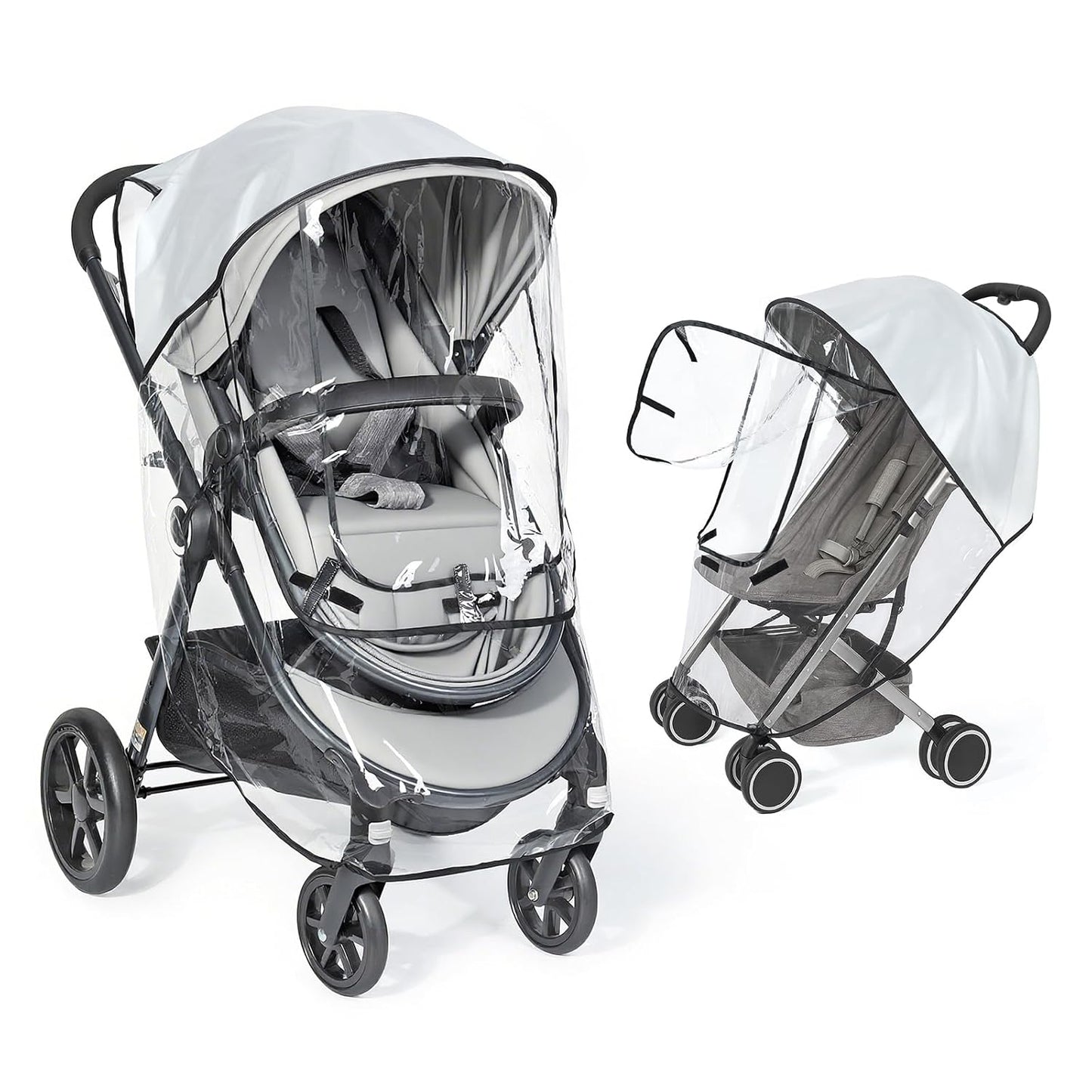 Universal Clear Stroller Rain Cover, No-Zip Waterproof Stroller Cover - Food Grade EVA & Frosted PVC, Baby Travel Weather Shield, Breathable Rain Cover for Most Single Strollers, Black