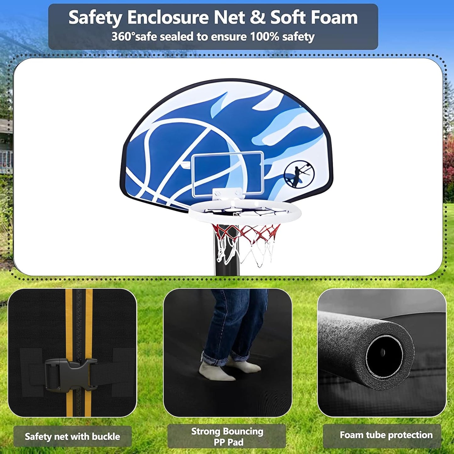 Upgraded 10/12/14/15/16FT Trampoline Outdoor, Large Kids Trampoline with Light, Stakes, Sprinkler, Backyard Trampoline with Basketball Hoop and Net, Capacity for 4-6 Kids and Adults