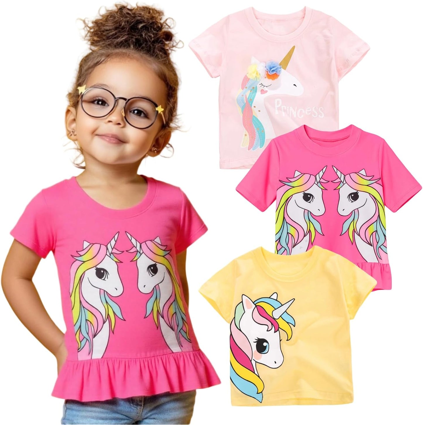 HILEELANG Girls' Tees Ruffle Short Sleeve T-Shirt Cotton Casual Graphic Summer Crewneck Tunic Tops