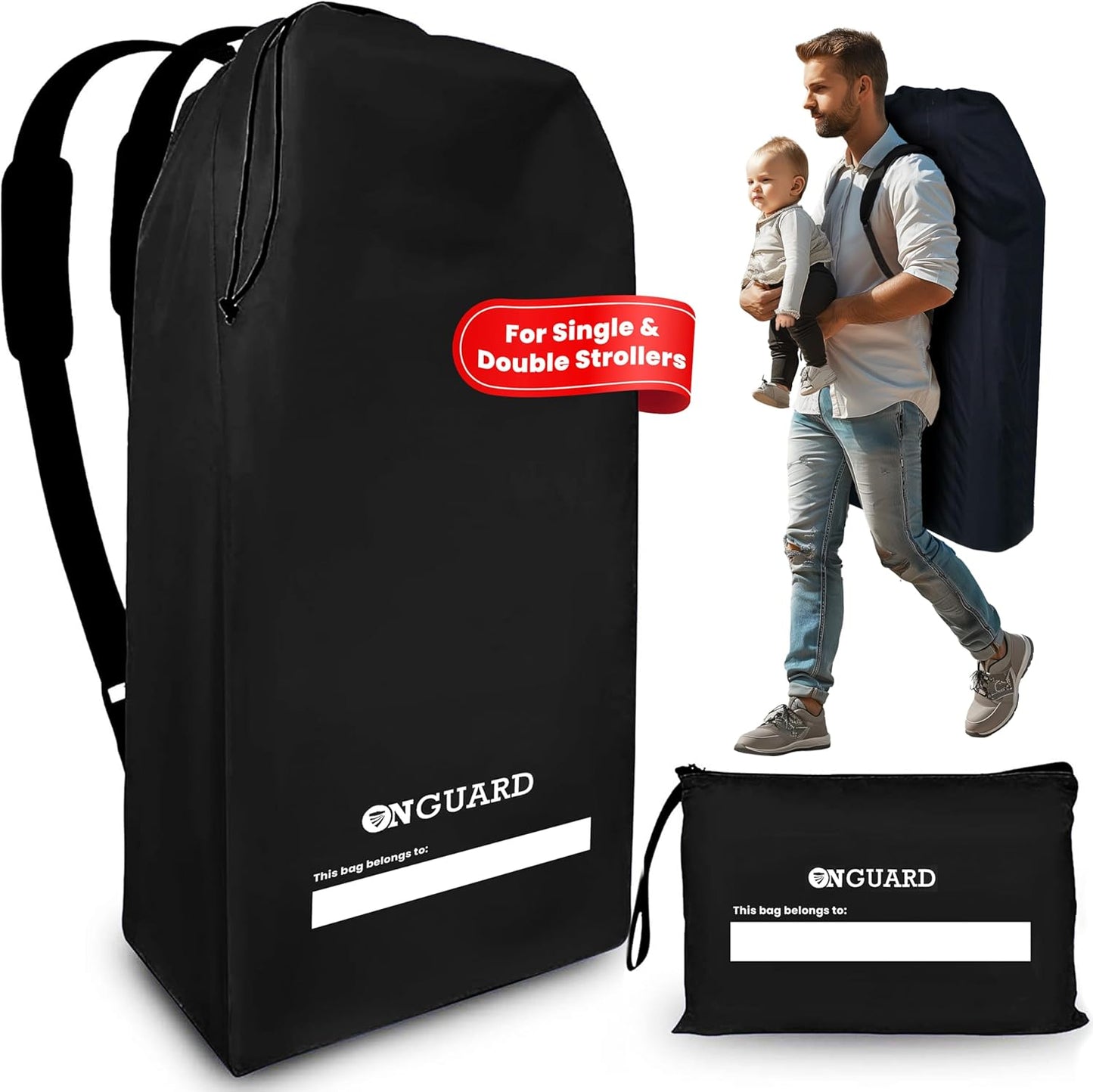 ONGUARD Waterproof Single and Double Stroller Bag for Airplane - Travel Stroller Cover for Air Travel and Storage - Gate Check Bag Backpack- Baby Airplane Essentials - Black