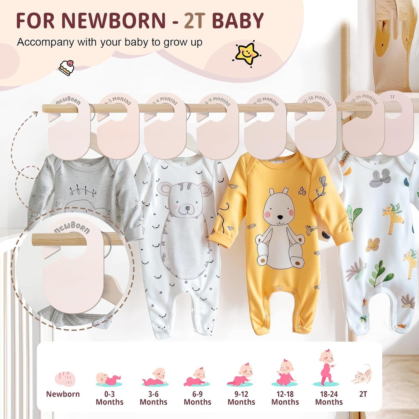 Baby Closet Dividers, Double Sided Nursery Clothes Size Separators for Newborn to 2T, Round, Neutral, 8 Pcs