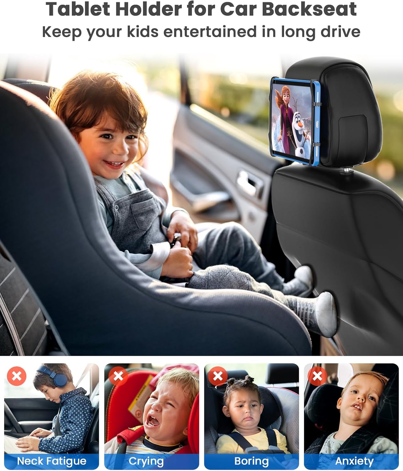 WONNIE Car Tablet Holder, Upgraded iPad Holders for Car Mount Headrest, iPad Mount Back Seat for Kids with Anti-Slip Strap, Silicone Holding Net/Fits All 7-12.9'' Tablets, 2 Pack