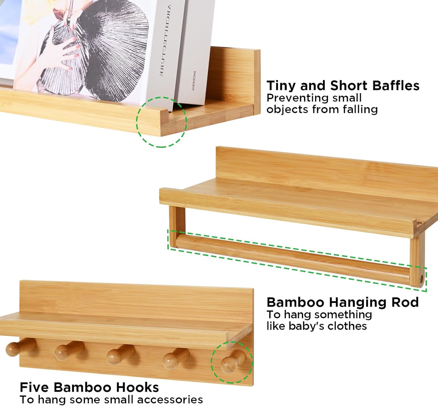 Ollieroo Set of Four Floating Book Shelves for Wall, Nursery Book Shelf for Kids Room, Bamboo Wood Hanging Bookshelf for Baby Teen Boys Girls, Wall Mounted Shelves for Bedroom Bathroom Decor(Natural)