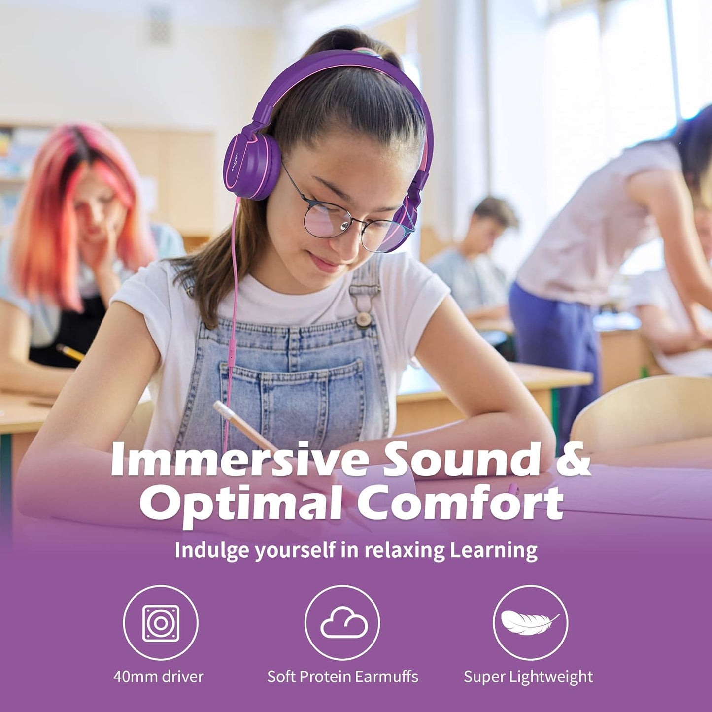Kids Headphones, AILIHEN I35 On-Ear Headphones for School, Safe Volume 93dB, HD Mic Stereo Headphone for Kid Girls Children, Foldable Wired 3.5mm for Chromebook, Laptop, Computer, Tablet (Pink Purple)