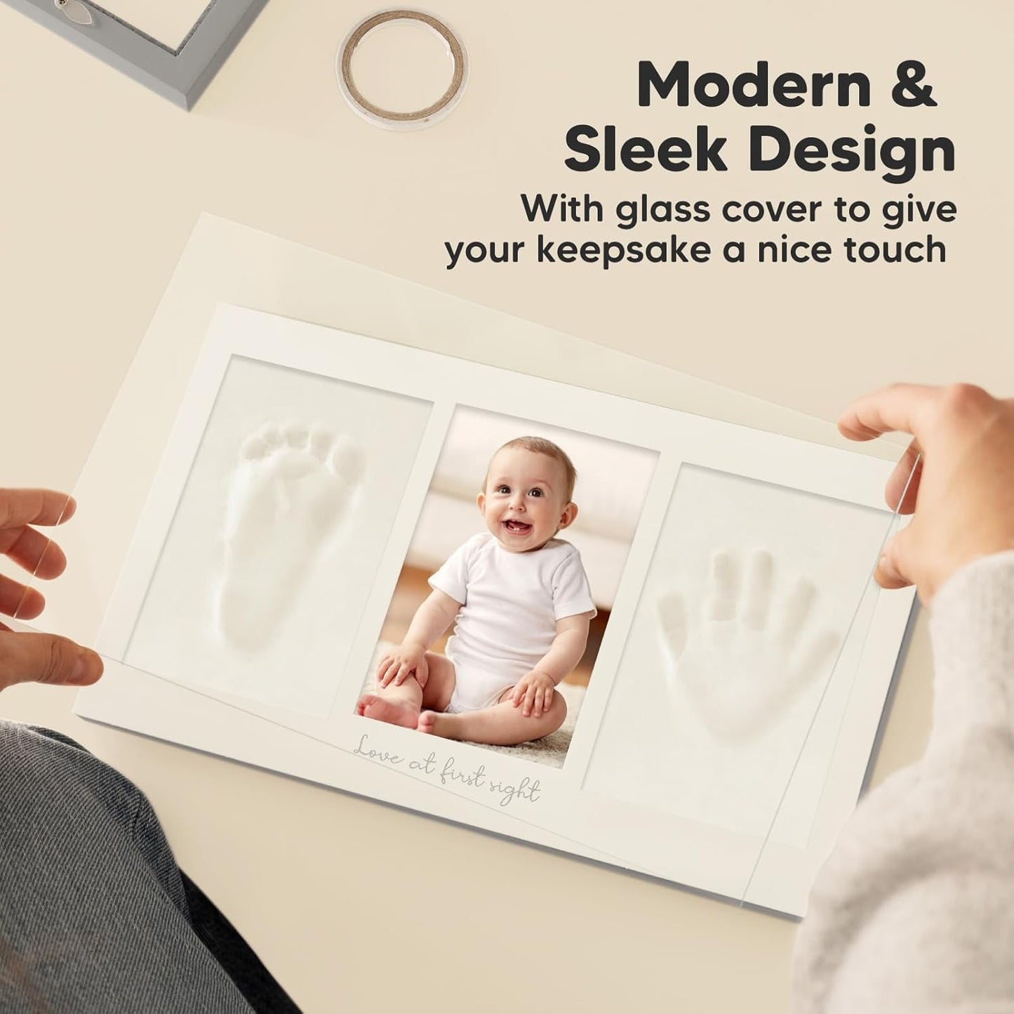 Baby Hand and Footprint Kit - Clay Handprint Keepsake Frame, Newborn Nursery Picture Frame, Personalized New Mom Gifts for Baby Shower & Registry (Cloud Gray)