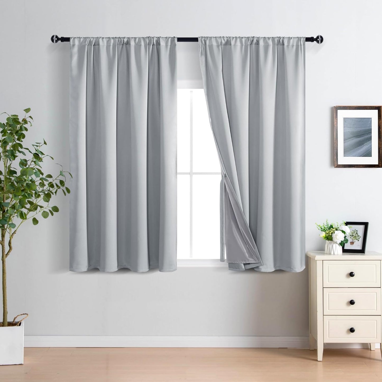 XWZO Full Shading Blackout Curtains 45 Inches Length with Tiebacks- Heat and Light Blocking Rod Pocket Window Drapes with Black Liner Backing for Bedroom/Kid's Room, Light Grey, W52 x L45, Set of 2