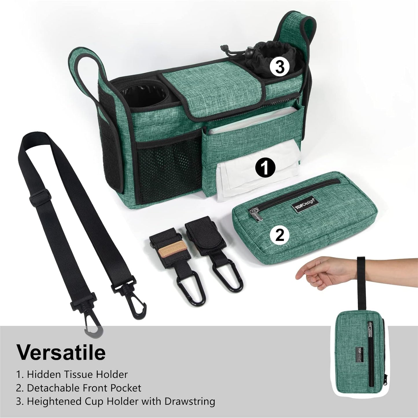 TOPDesign Universal Baby Stroller Organizer, Stroller Caddy with Heightened Insulated Cup Holders & Non-Slip Secure Hooks Accessories, Fits Most Strollers, Machine Washable (Green)