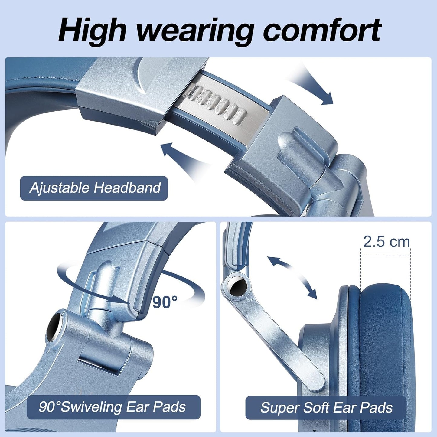 OneOdio A70 Bluetooth Over Ear Headphones, Wireless Headphones w/ 72H Playtime, Hi-Res, 3.5mm/6.35mm Wired Audio Jack for Studio Monitor & Mixing DJ Guitar AMP, Computer Laptop PC Tablet - Sky Blue