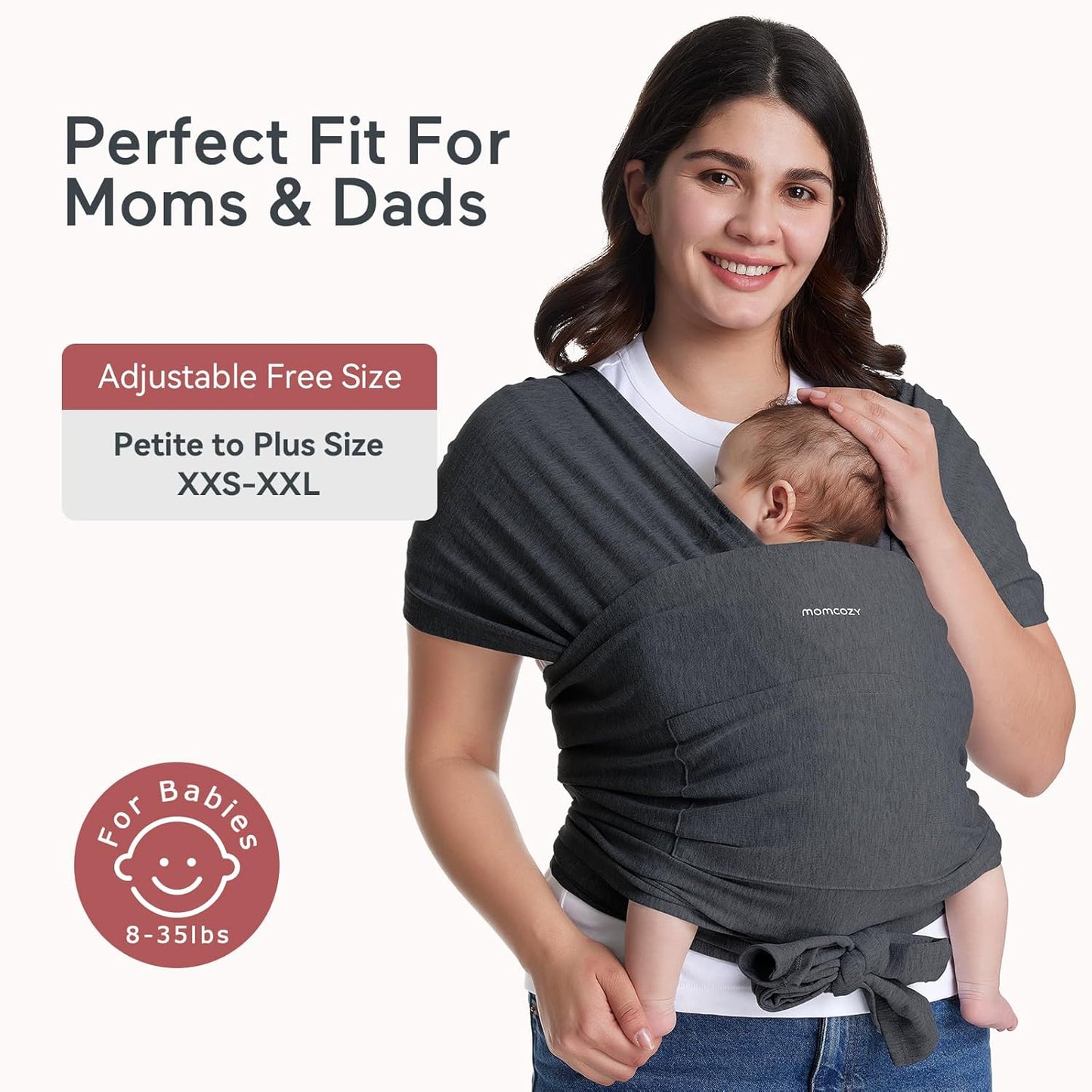 Momcozy Baby Wrap Carrier, Easy to Wear Infant Carrier Slings, Lightweight Hands Free Baby Sling, Adjustable Baby Carriers for Newborn to Toddler 8-35 lbs, Deep Grey