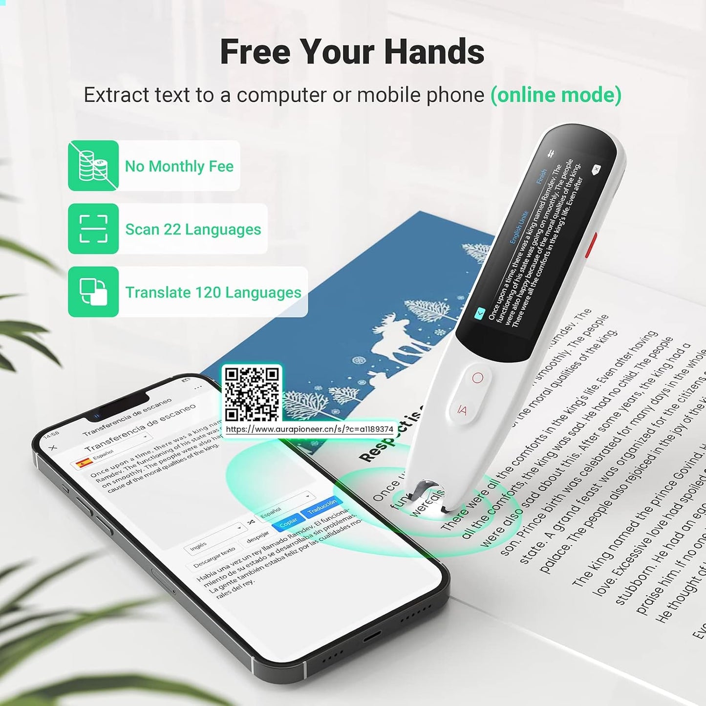 SVANTTO 102 Translator Pen Scanner, Text to Speech Device for Dyslexia, OCR Digital Highlighter Reader Pen, Exam Reading Pen, Bluetooth Langage Translator, No Monthly Fee（White）