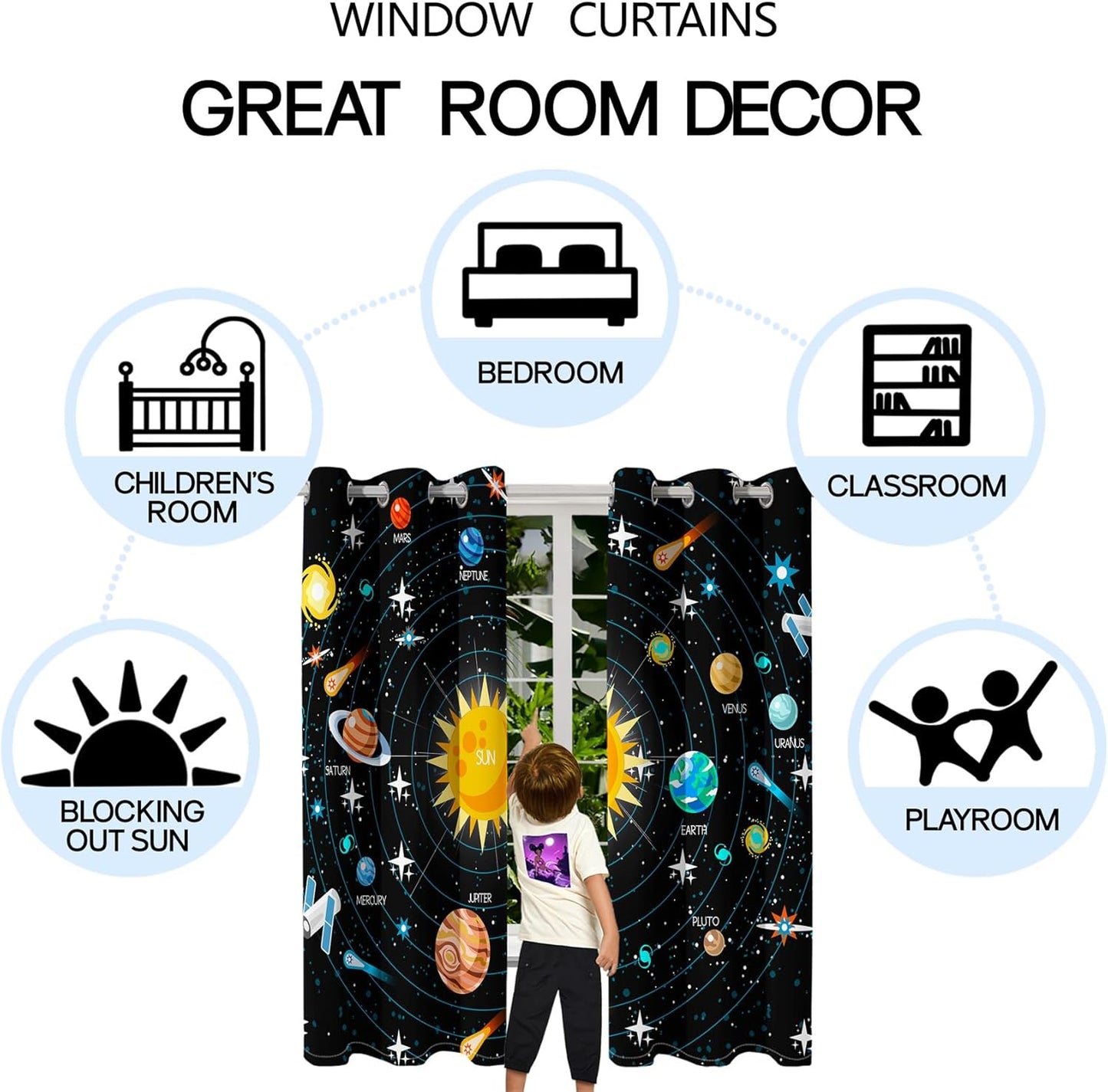 Outer Space Curtains for Boys - 2Pcs Solar System Print Curtain Panels for Boys Bedroom Planets Galaxy 95% Blackout Grommet Top Window Drapes for Living Room, 82" x 84"
