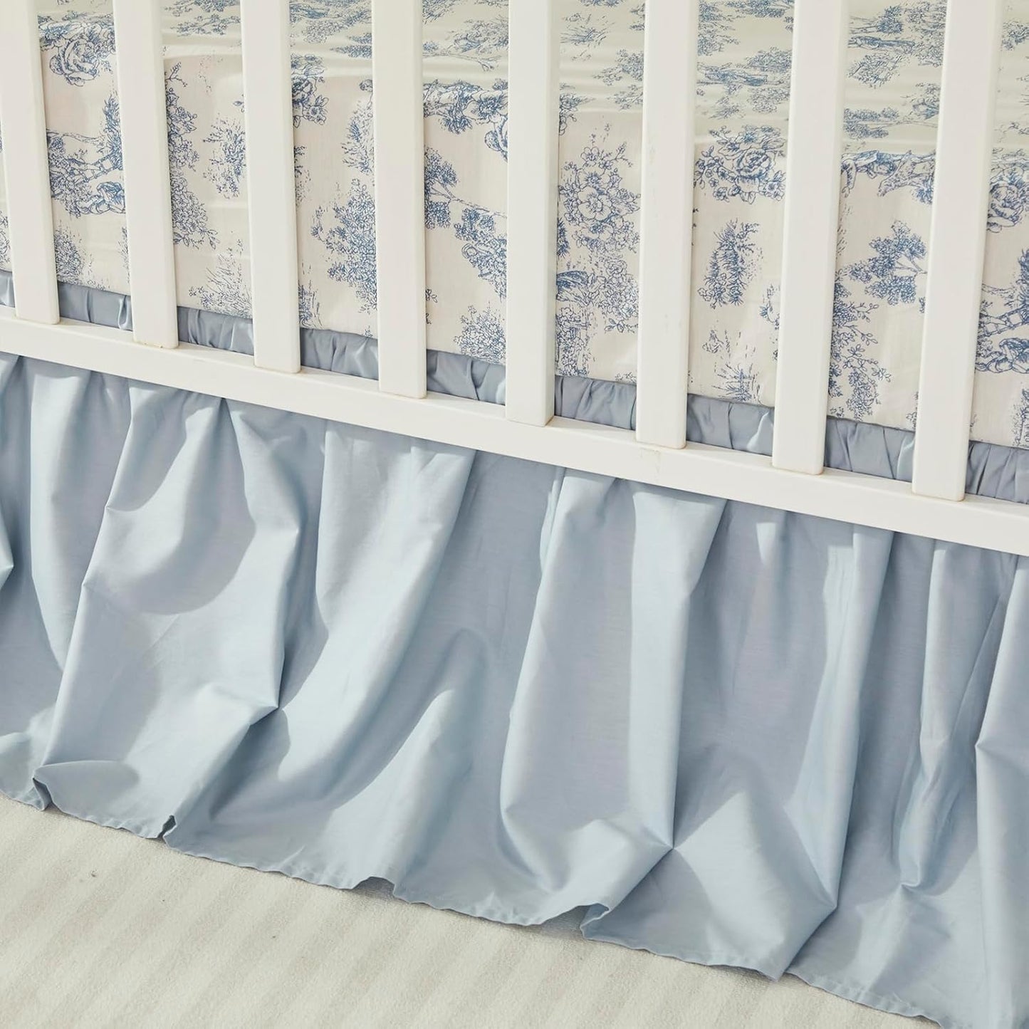 Brandream 3 Pieces French Country Toile Crib Bedding Set for Girls Vintage Blue Toile Floral Print 100% Cotton Baby Girl Nursery Bedding Collection - Ruffles Quilt,Toile Crib Sheet,Crib Bed Skirt