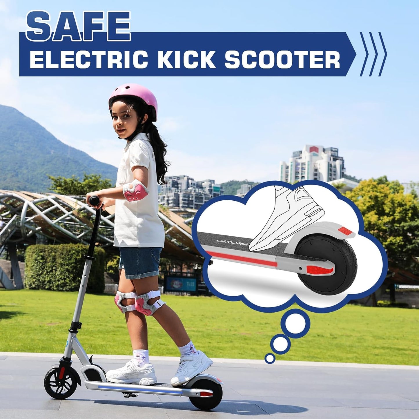 Caroma Electric Scooter for Kids Ages 6-12,150W/180WMotor,10 MPH Max Speed & 7 Miles,Colorful Lights,Adjustable Height & Speed,LED Display,Foldable Kids Electric Scooter 132 Lbs Max Load,Idea Gift