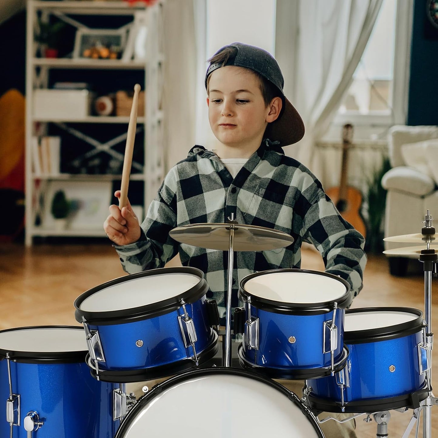 Ktaxon 5-Piece Complete Junior Drums Set, 16 Inch Beginners Drum Kit with Throne Stool, Pedal & Drumsticks, Kids Drums Musical Instruments W/Cymbal, Hi-Hat, Floor, Tom and Snare Drum (Dark Blue)