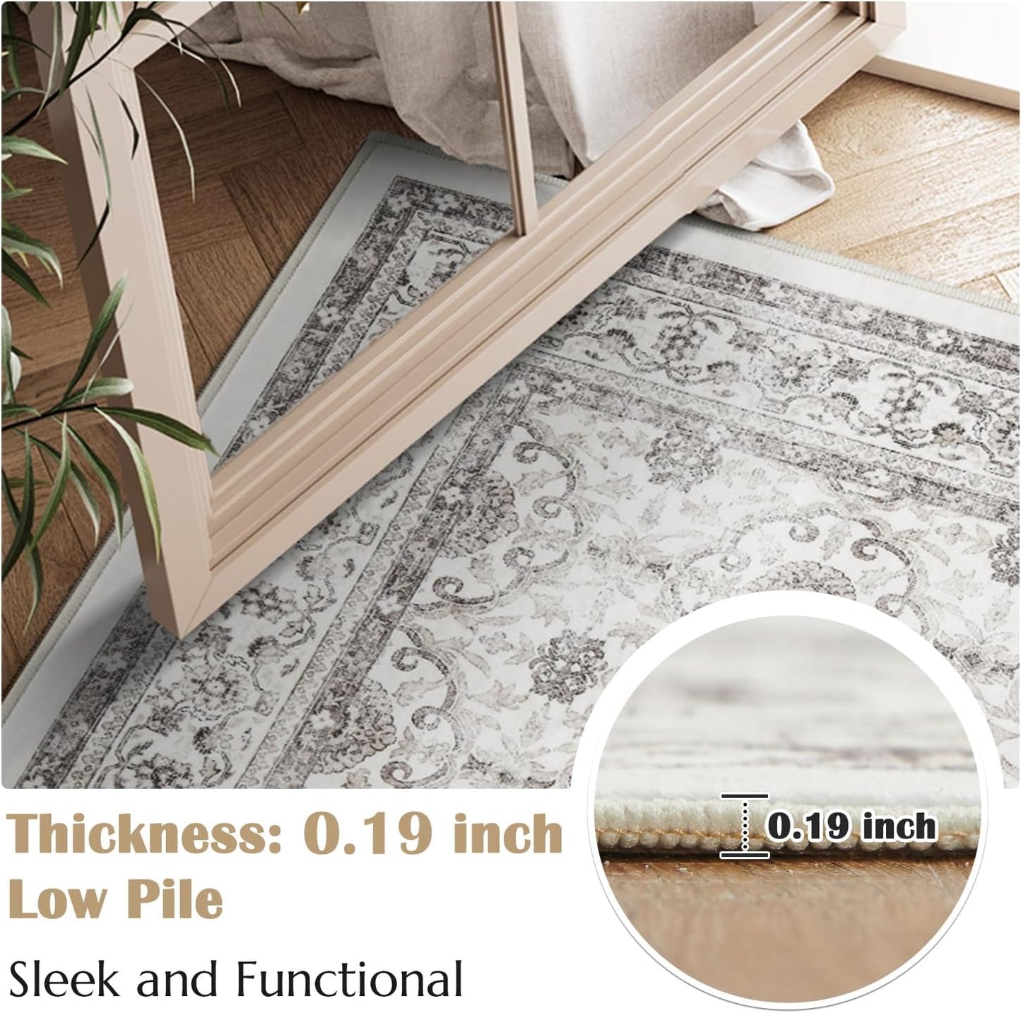 jinchan Runner Rug 2x6 - Machine Washable Beige Vintage Floral Distressed Design Soft Non-Slip Low-Pile Ultra-Thin Runner Rug for Kitchen Hallway Laundry Room Entryway Farmhouse (2‘x6',Beige)