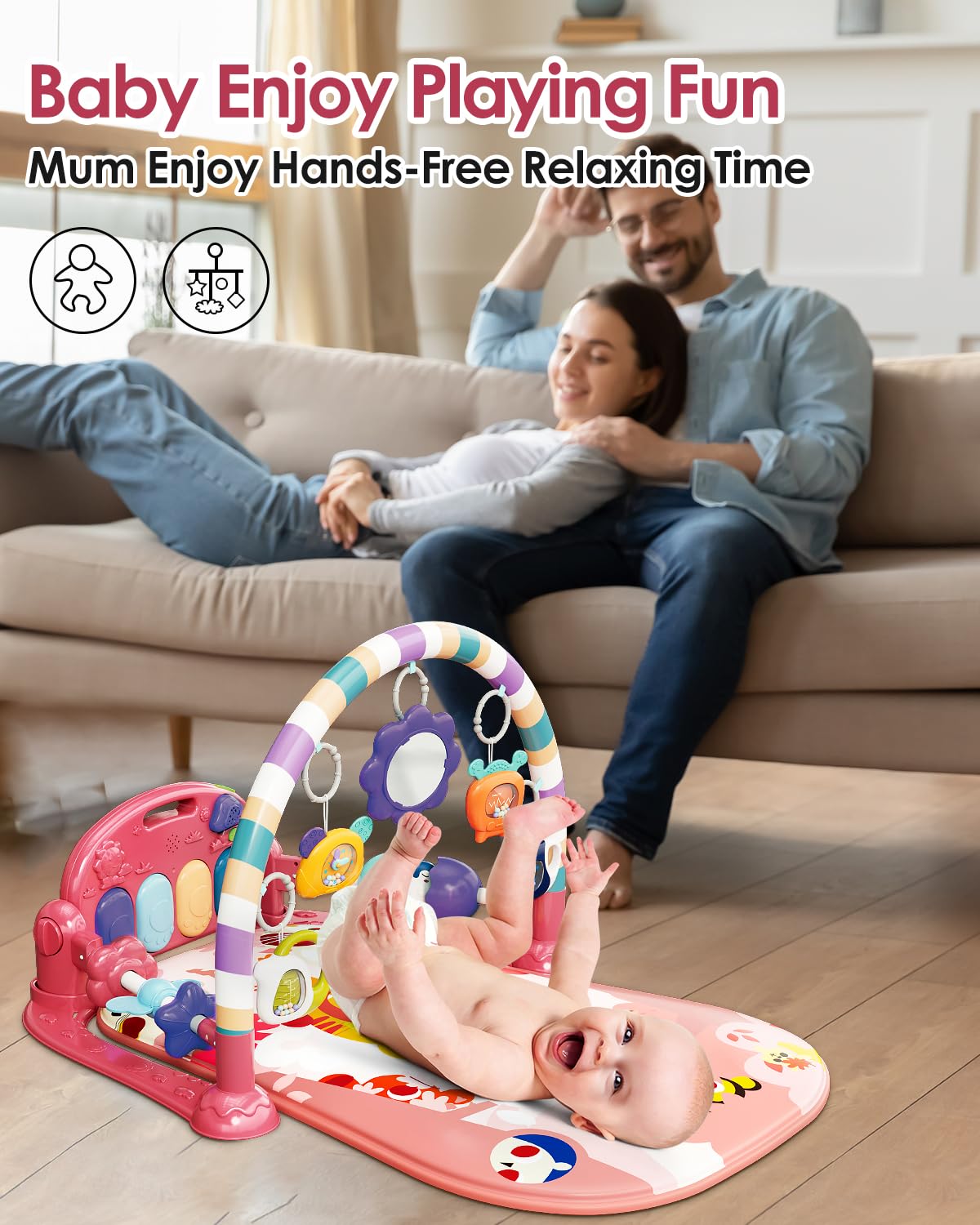 dearlomum Baby Play Mat Baby Gym,Funny Play Piano Tummy Time Baby Activity Mat with 5 Infant Sensory Baby Toys & 2 Baby Book Toys, Boy & Girl Gifts for Newborn 0 to 3 6 9 12 Months(Pink)