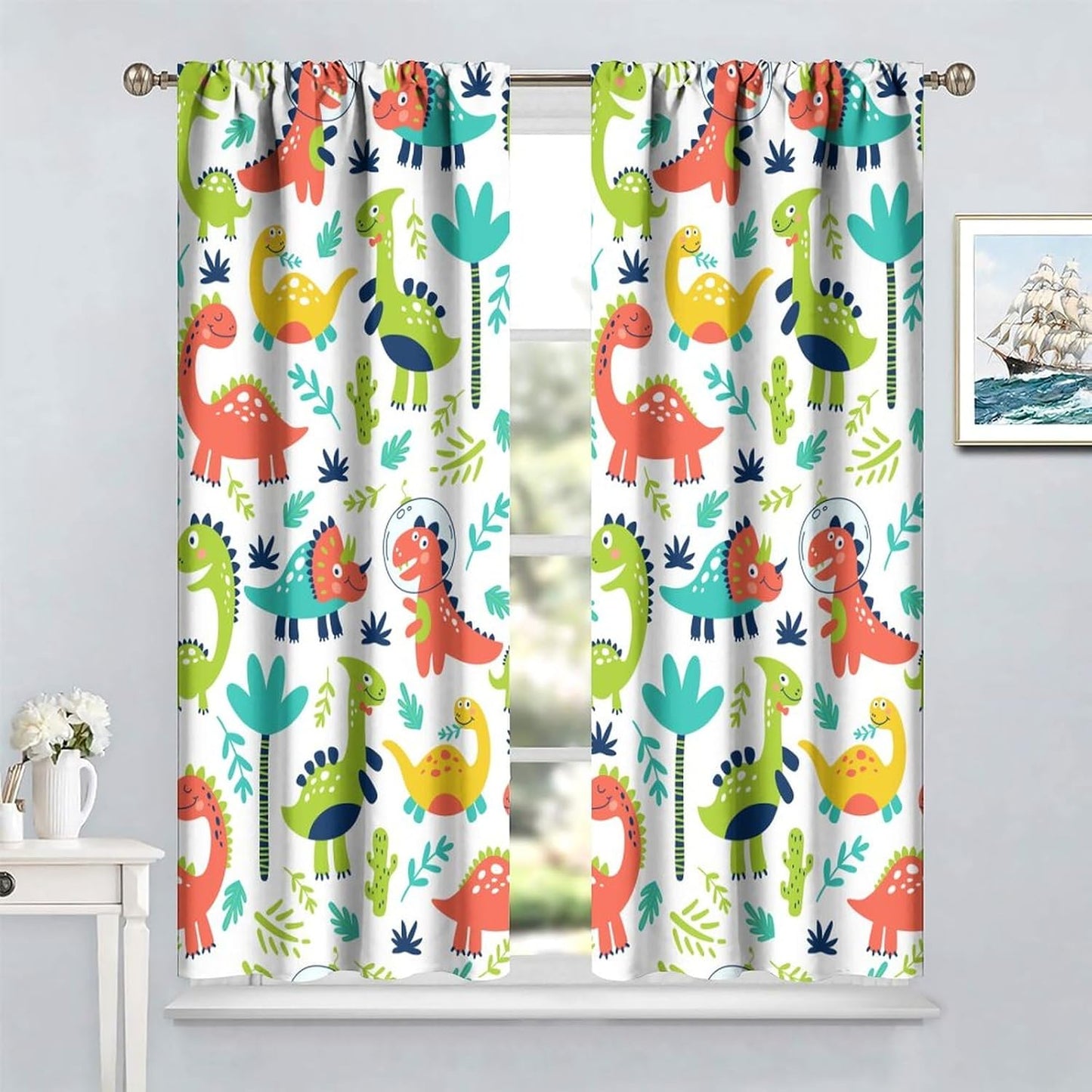 Rustic Dinosaurs Curtains Colorful Dino Kids Boys Cartoon Cute Cool Funny Decor Printed Blackout Rod Pocket Window Drapes for Living Room Bedroom W21xL45in 2 Panels