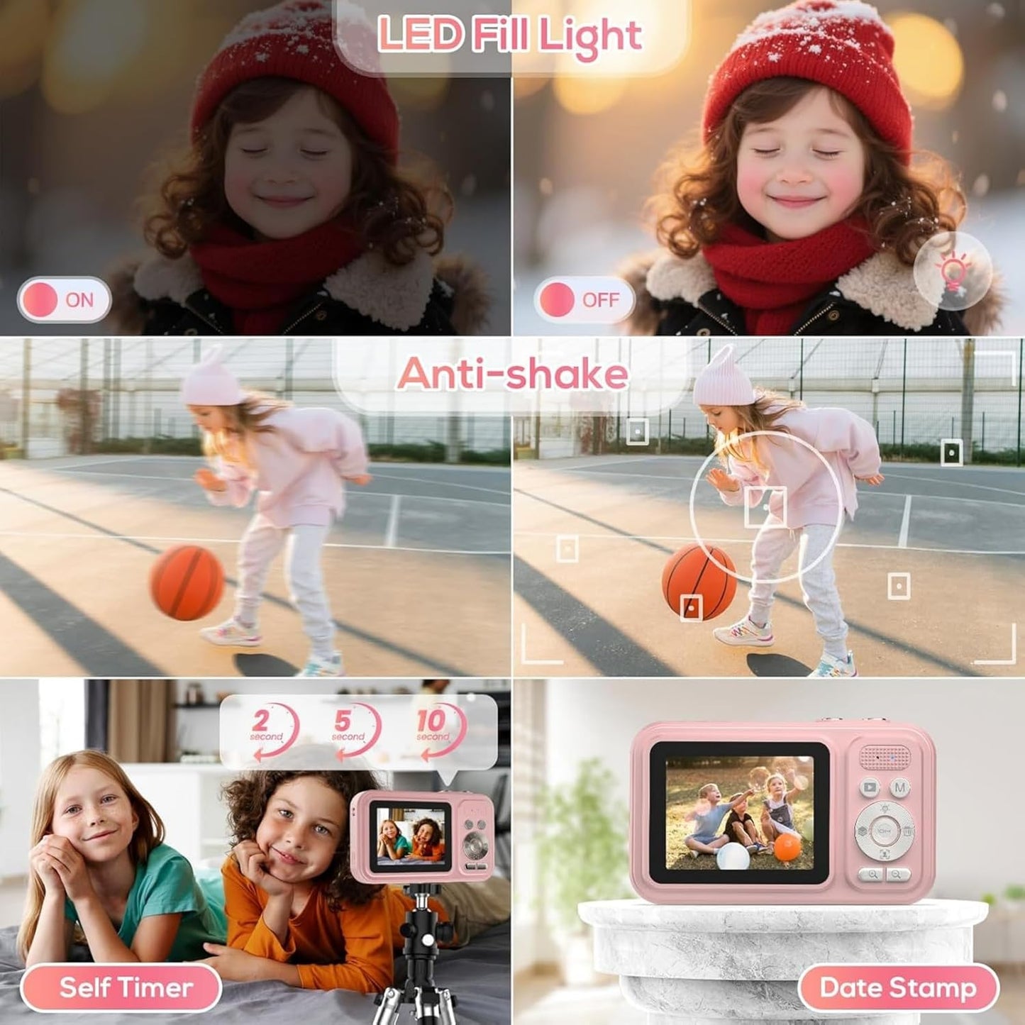 Digital Camera for Kids, WITYEAH 48MP FHD 1080P Point and Shoot Digital Cameras with 16X Zoom Anti-Shake, Compact Portable Cameras for Photography, for Boys Girls Teens Beginners-Pink