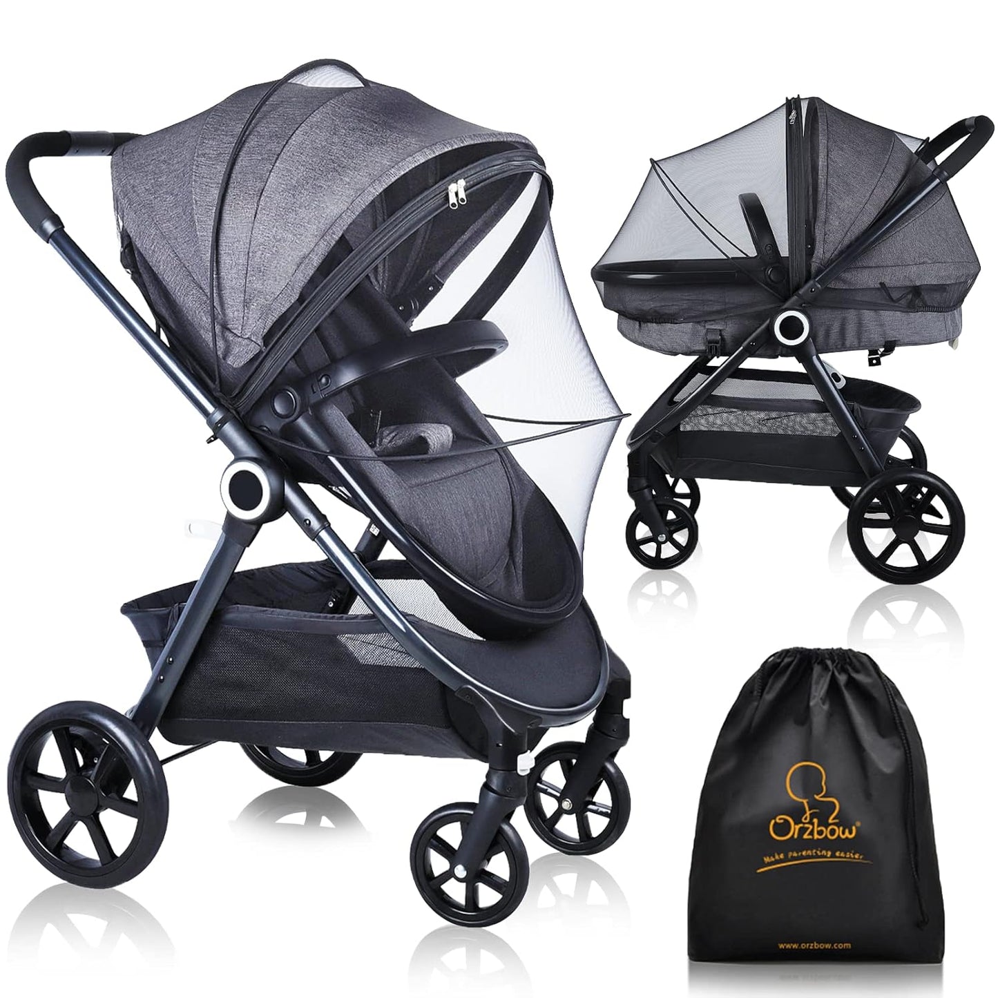 Orzbow Universal Mosquito Net for Stroller, Baby Bug Net with Two-Way Zippers & Storage Bag, Breathable & Foldable Mosquito Nets for Strollers, Car Seat, Bassinet, Cradle, Portable Mini Crib, Black