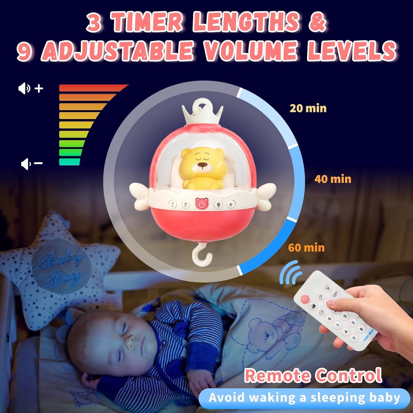 Baby Crib Mobile with Night Lights and Music,Hanging Mobile for Crib Bassinet with Rotation, Projection,Remote Control,Babies Crib Toys for Nursery Newborn Infant Boys Girls (Pink)