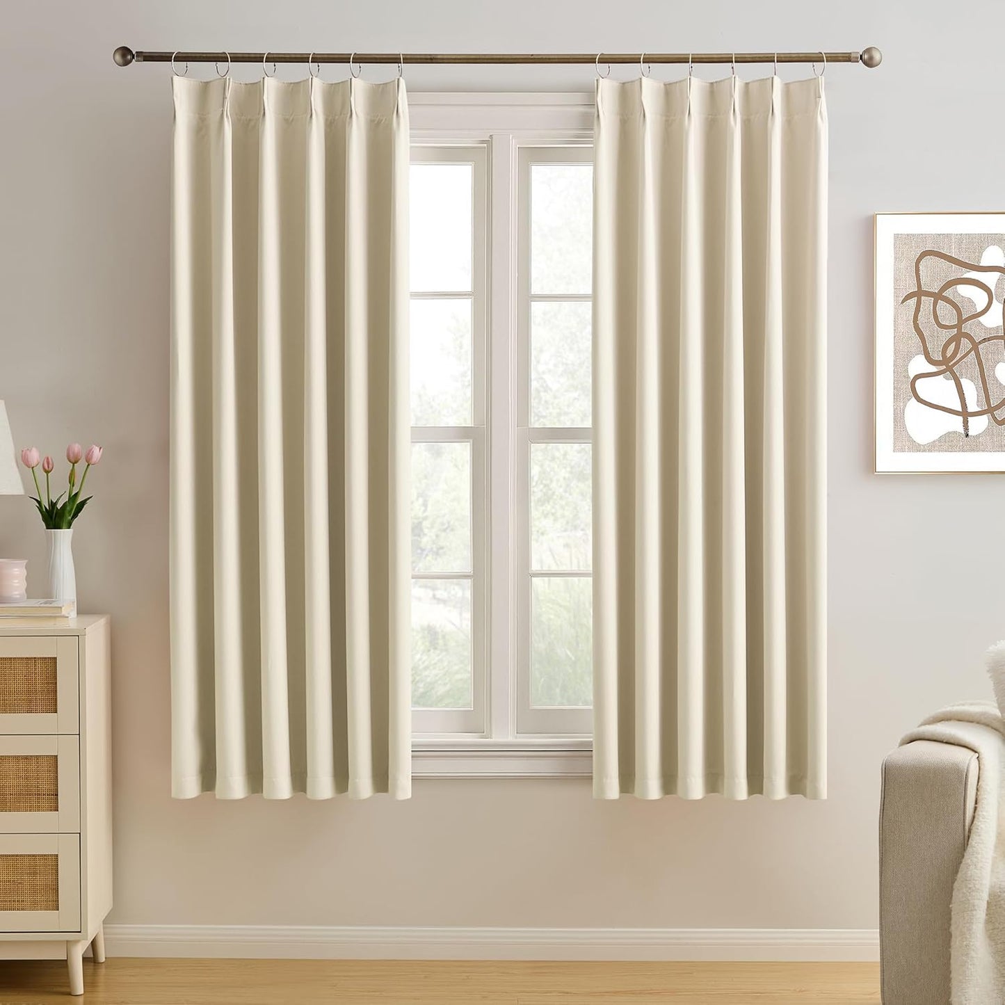 KEQIAOSUOCAI Cream Beige Curtains 63 Inches Long, Summer Heat Thermal Insulated Pinch Pleat Viral Black Out Drapes Cute Window Drapes for Bedroom(Pinch Pleated,40"x63"x2 Panels)