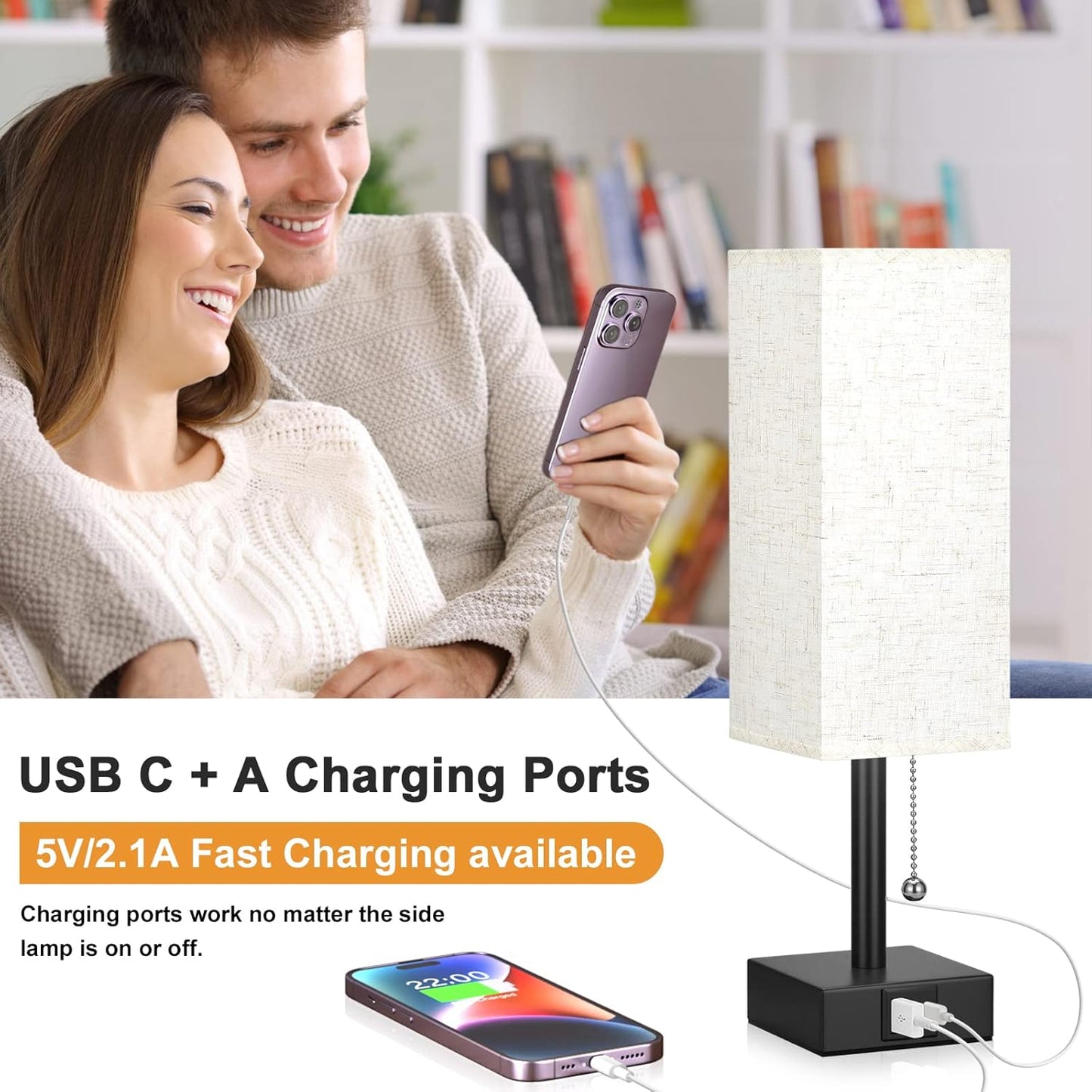 Bedside Table Lamp with 3 Color Temperatures - 3000/4000/5000K Small Lamp with USB C+A Ports, Nightstand Lamp with 3 Color Modes by Pull Chain, Bedroom Lamp for Living Read Work(LED Bulb Included)