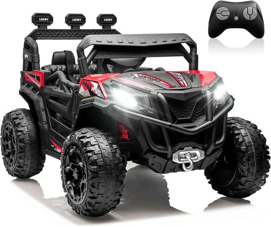ANPABO 24V 4X4 Ride on Car Truck w/Remote Control, 4WD/2WD Switchable Kids UTV, 19" Spacious Seat, 4 Shock Absorbers, Soft Start, Music Player, Electric Car for Kids Ages 3+(Red)