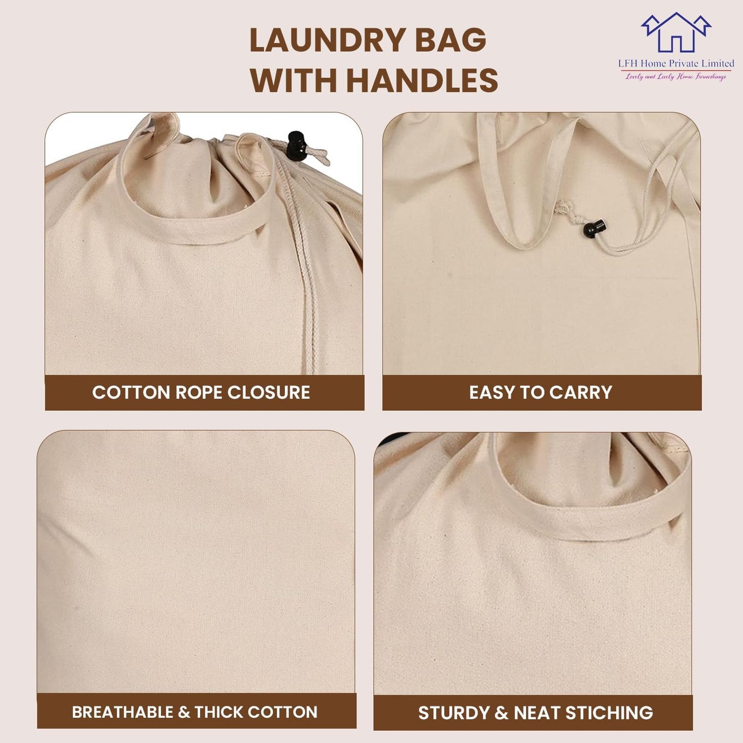 LFH Home Cotton Canvas Extra Large Laundry Bag with Handle, Heavy Duty Drawstring Closure Washable Laundry Bags, School Travel, Home, Hotel, College Dorm, Organizer Sack, Toys Clothes 28x40-Natural
