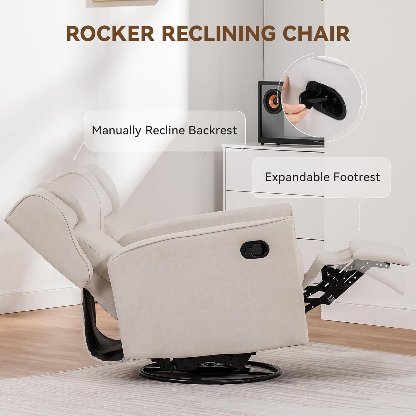 COMHOMA Rocking Recliner Chair,Swivel Glider Reclining Single Sofa Manual Rocker Recliners,Nursery Rocking Chairs with Upholstered Seating for Living Room Office(Beige)