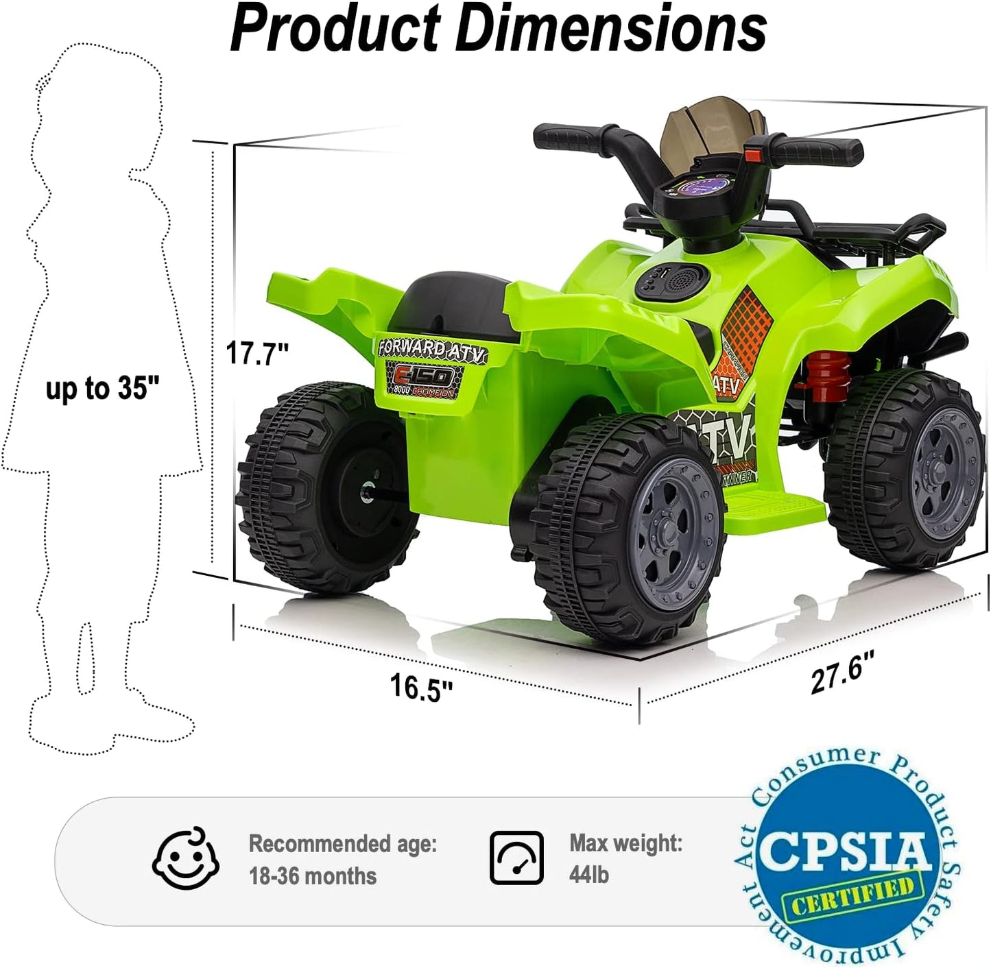 Kids ATV 4 Wheeler, 6V Ride-On Toy for Toddlers 1-3 Boys & Girls with Music, Forward & Reverse - Green
