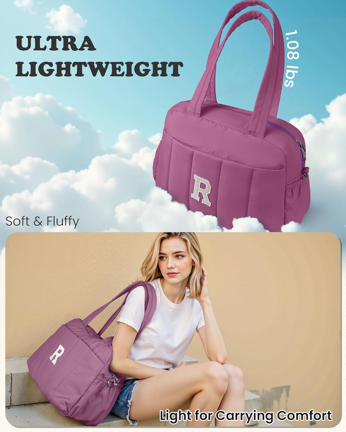 Duffle Bag with Initial, Spend The Night Bags for Women，Overnight Bag with Wet Pocket，Gift Set for Women-Lightweight Travel Bags Personalized Gym Tote with Makeup Pouch