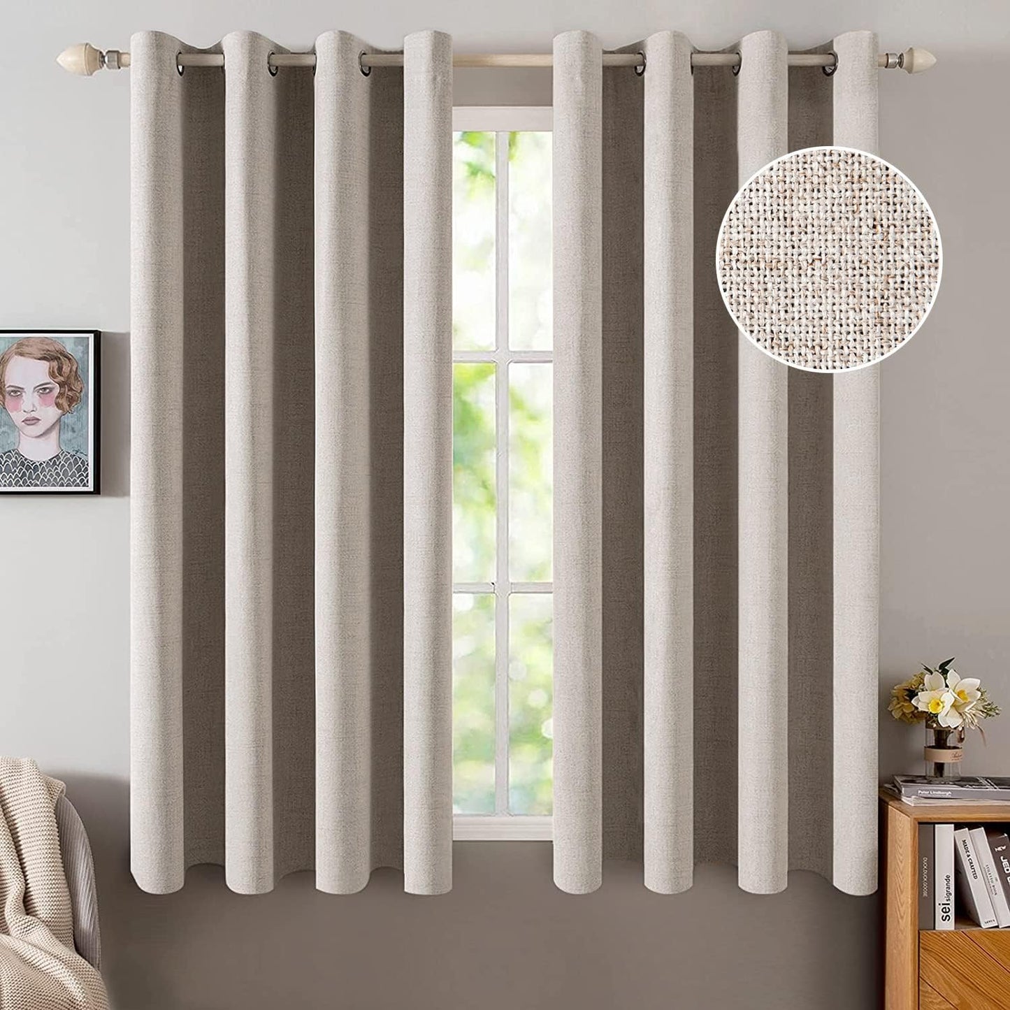 MIULEE Blackout Curtains for Bedroom Linen Texture Solid Thermal Insulated Natural Khaki Grommet Room Darkening Curtains & Drapes Luxury Decor for Living Room Nursery 52x45 Inch (2 Panels)