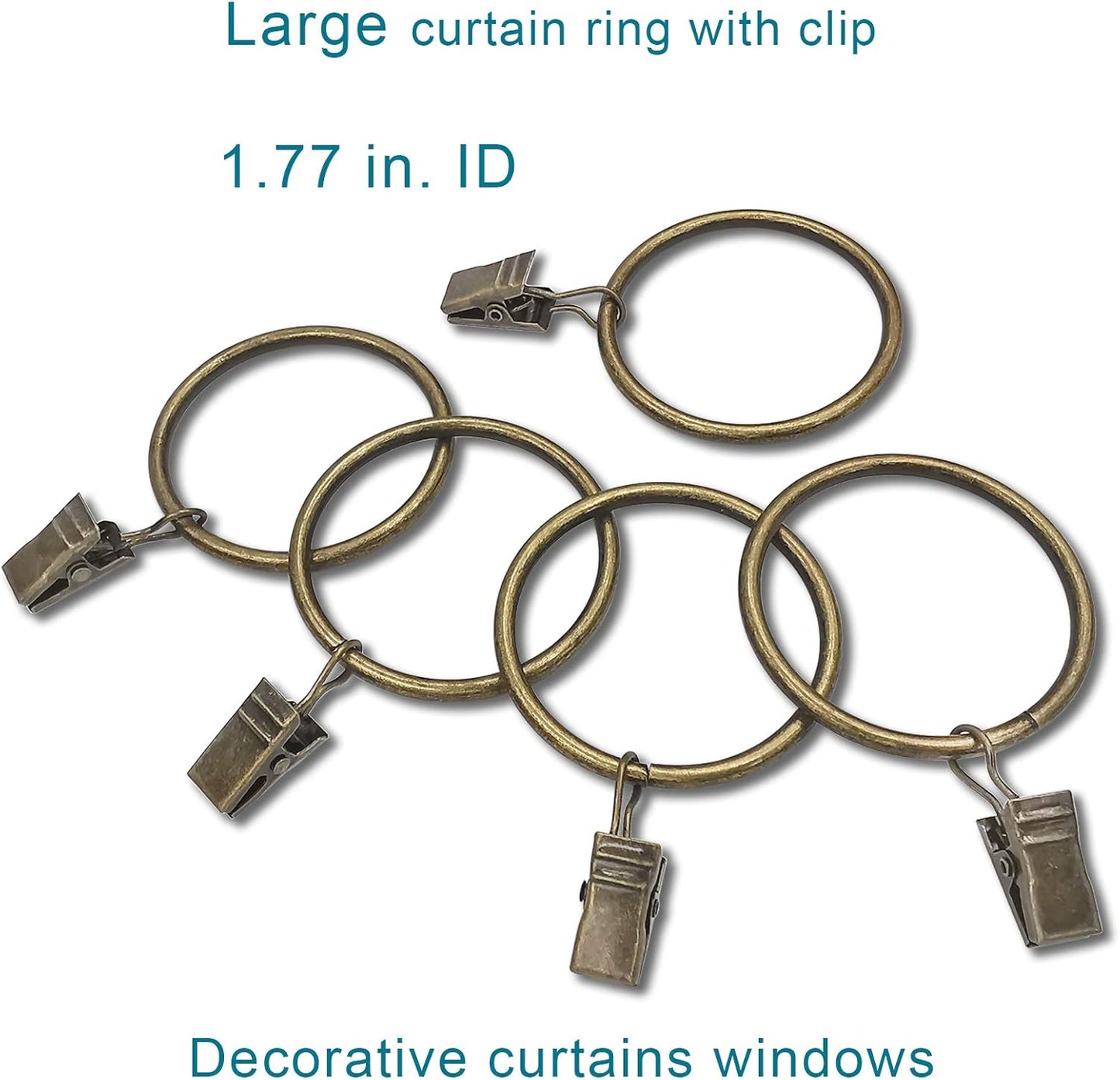 20 Pack Bronze Curtain Rings with Clips, Curtain Hooks Hangers Clip Rings for Hanging Drapes Bows Hat, Drapery Rings 1.77 in I D, Fits up to 1.5 in Diameter Curtain Rod.