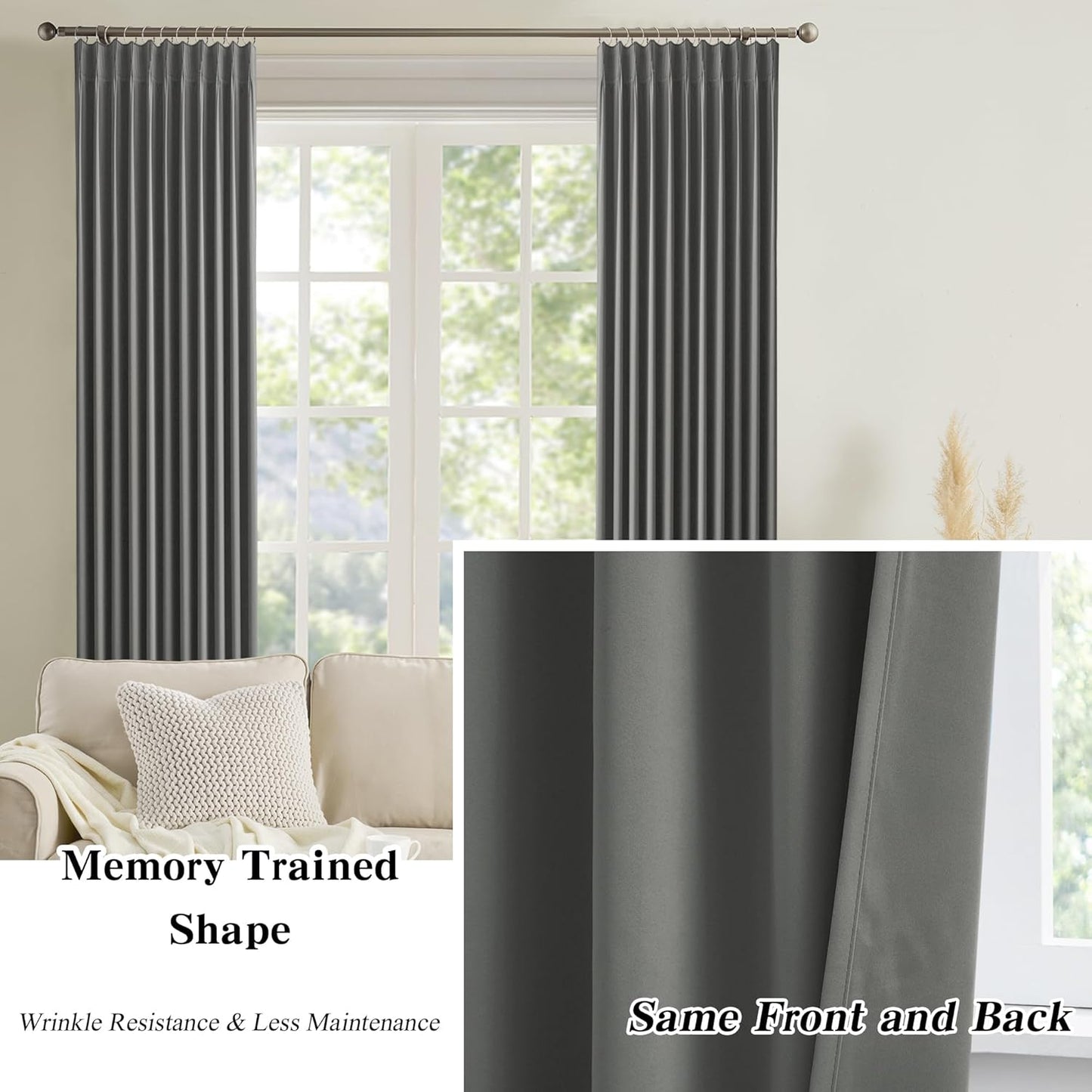 KEQIAOSUOCAI Grey Pinch Pleat Curtains & Drapes 104 Inches Long 2 Panels Set, Darkening Sound Dampening Window Treatment for Bedroom Vertical Draft Blackout Blinds for Living Room 40 x 104