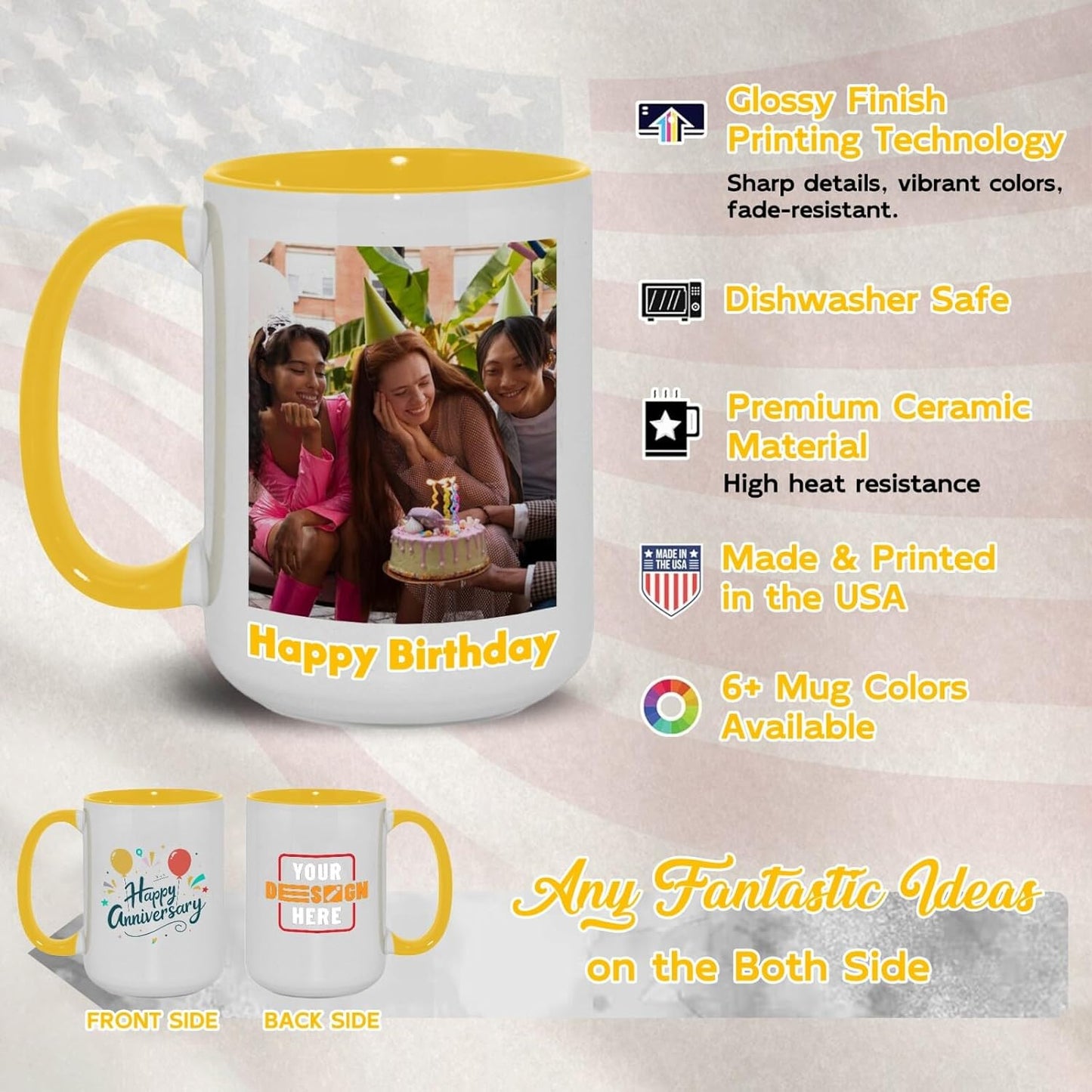 Ship Next Day Custom Mug Design Your Own Photo Text Personalized Picture Gifts for Women Men Customized Gifts Idea Personalized Coffee Mugs 15oz Yellow Handle