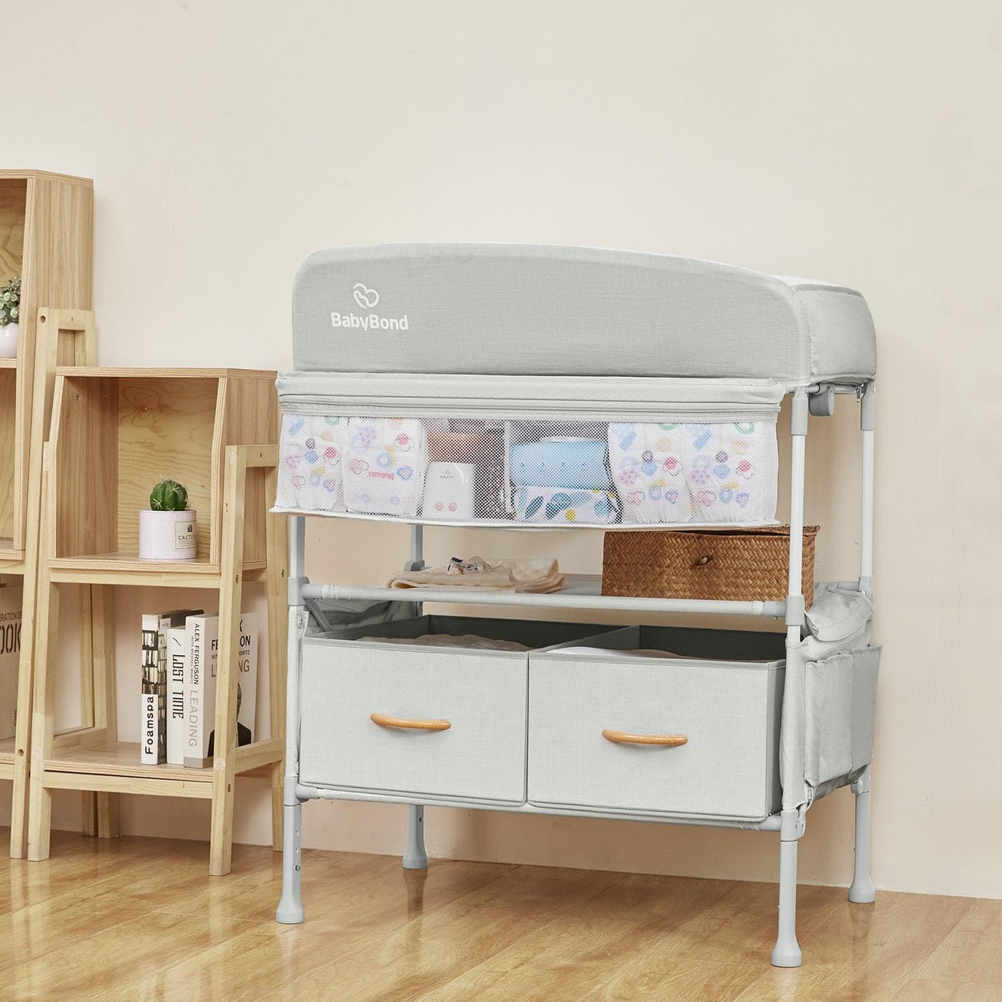 BabyBond Portable Baby Changing Table with 2 Storage Baskets, Foldable Changing Table Dresser Waterproof Diaper Changing Table Height Adjustable Changing Station for Infant and Newborn(Beige)