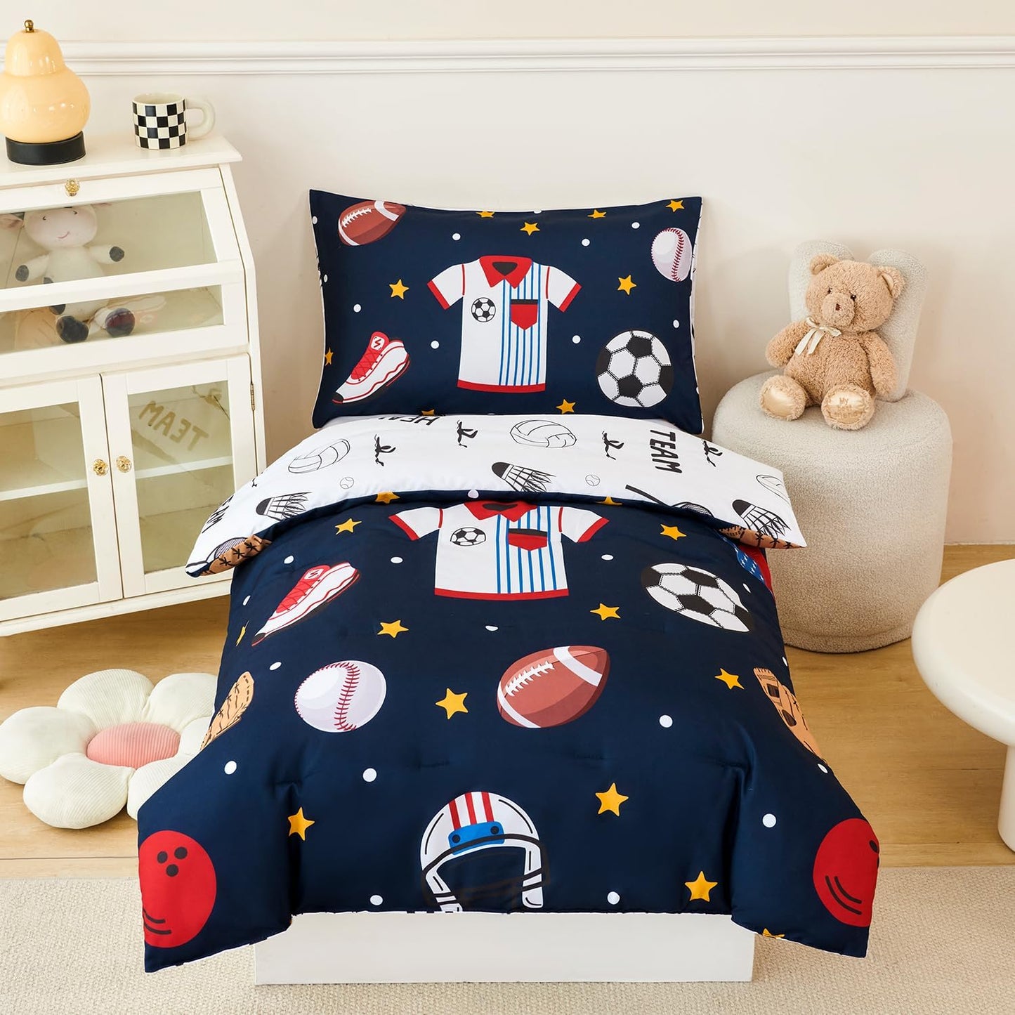 PERFEMET Sports Bedding Set Twin Size 4 Pcs Reversible Ball Sport Theme Comforter Set for Boys Girls Soft Reversible Navy Blue Baseball Football Kids Bed in a Bag(Sport, Twin)