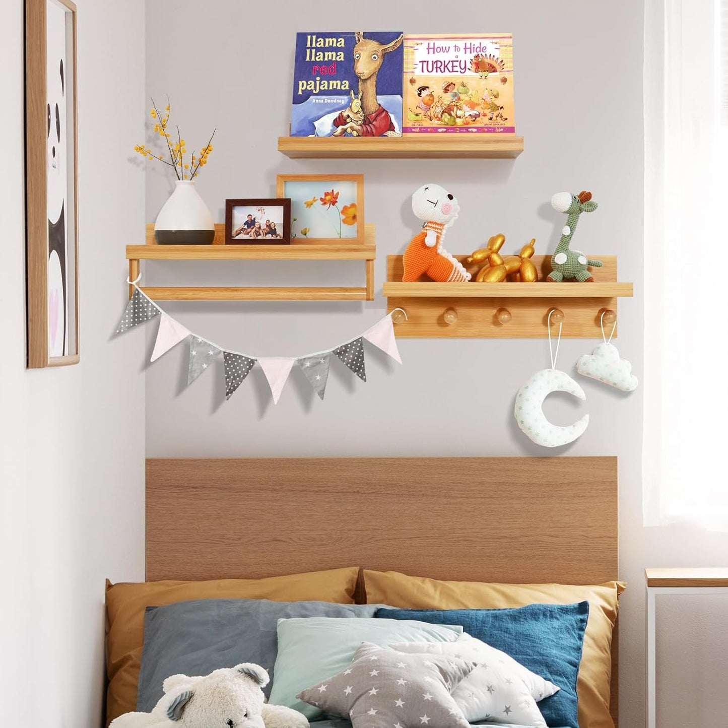 Ollieroo Set of Four Floating Book Shelves for Wall, Nursery Book Shelf for Kids Room, Bamboo Wood Hanging Bookshelf for Baby Teen Boys Girls, Wall Mounted Shelves for Bedroom Bathroom Decor(Natural)
