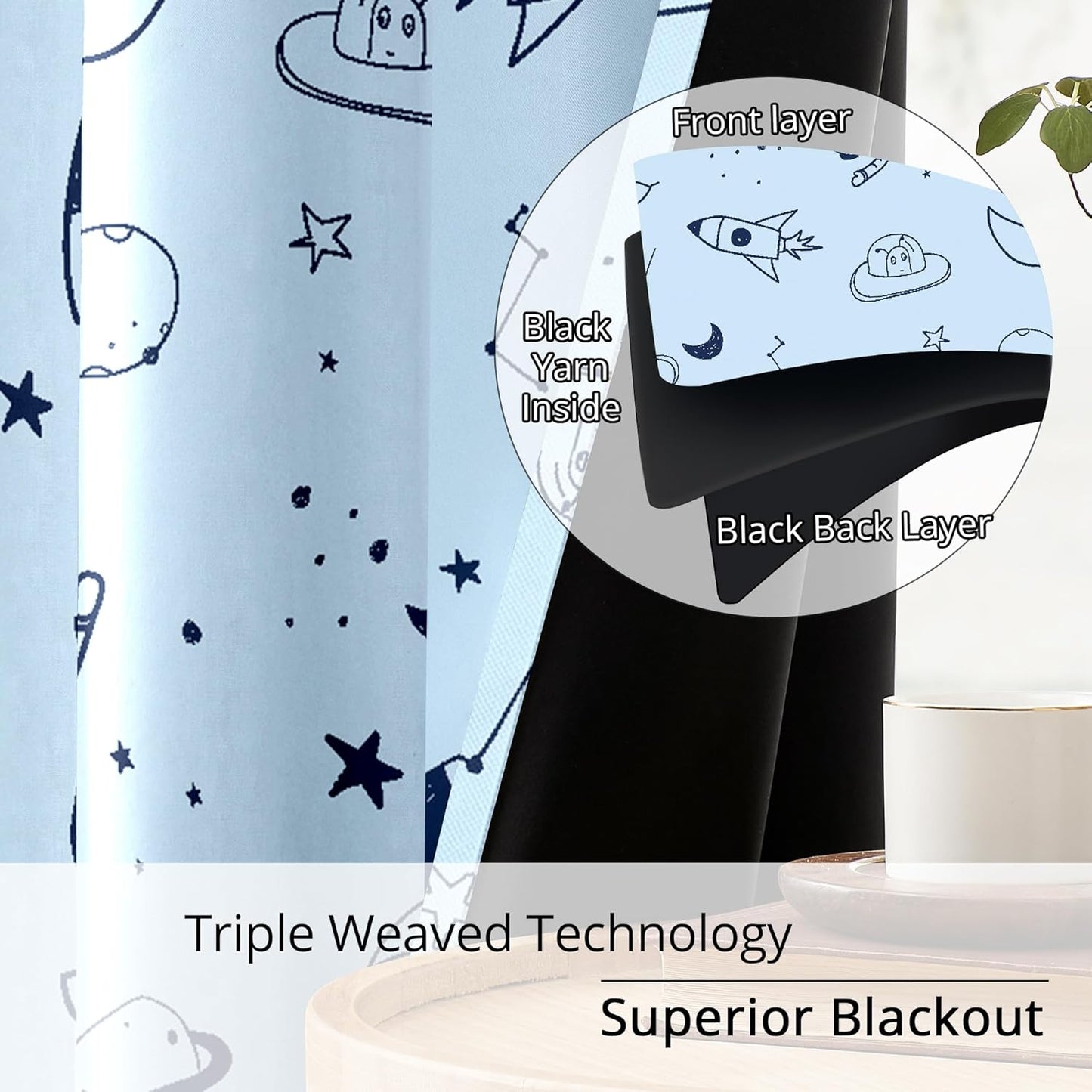 Kids Space Rocket and Astronaut Blackout Curtains - 100% Blackout, Thermal Insulated, Noise Reducing, Perfect for Kids Room and Nursery, 2 Panels (Sky-Blue Space Doodles, W52×L84)